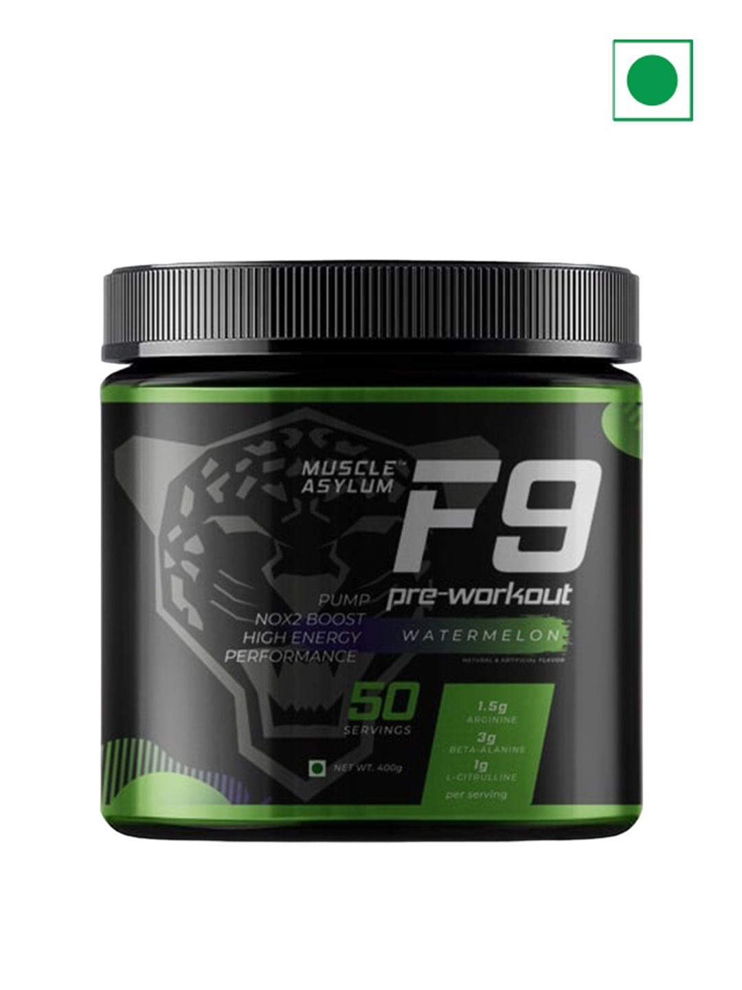 

Muscle Asylum F9 Pre Workout-Watermelon Flavour 50 Servings- 400 Gm, Black