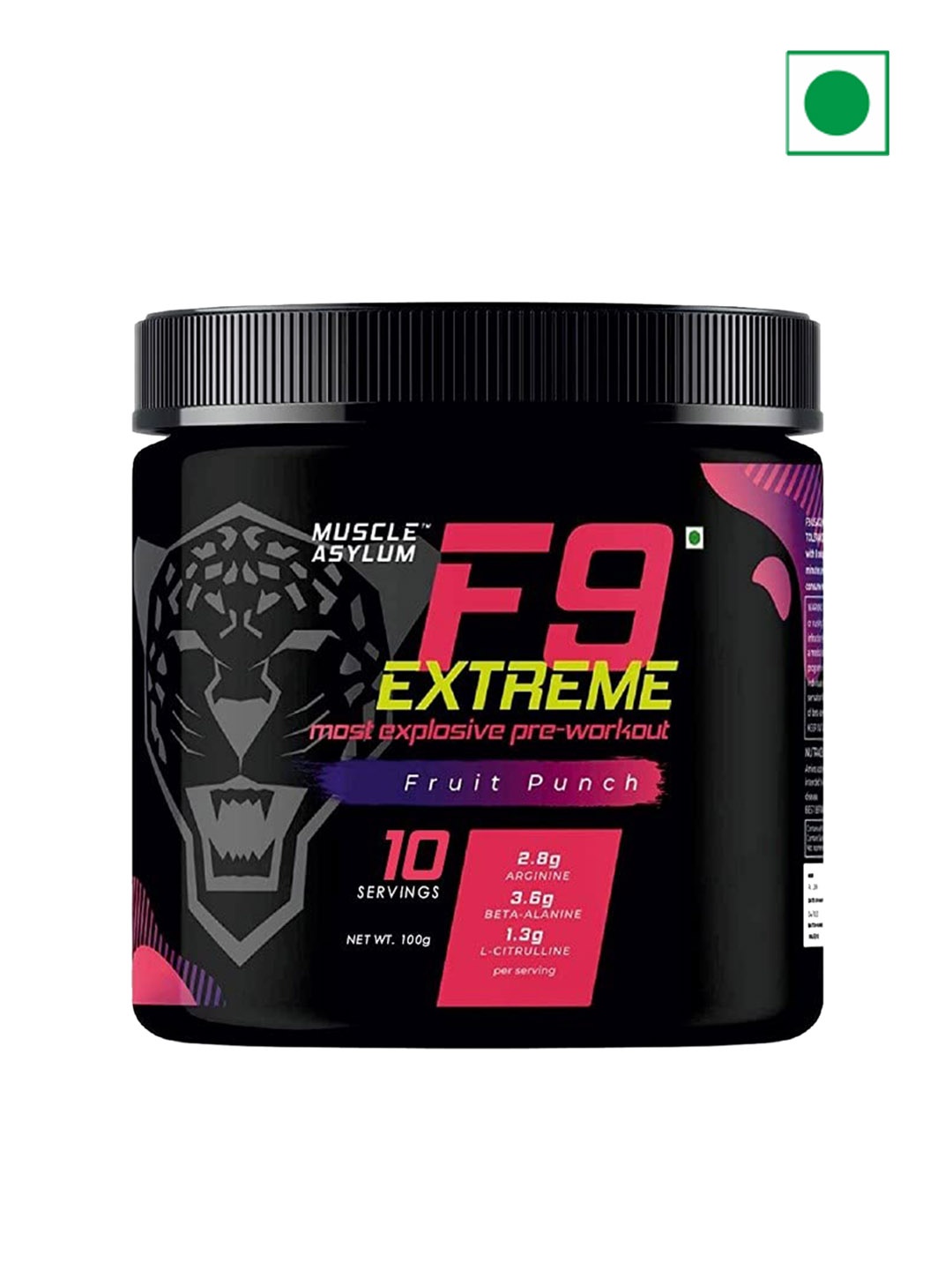 

Muscle Asylum F9 Extreme Pre-Workout Fruit Punch Powder 10 Servings - 100Gm, Black