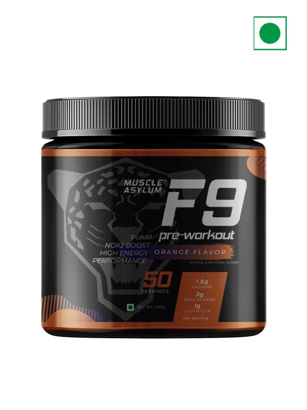 

Muscle Asylum F9 Pre Workout Powder For Increase Strength - 400g Orange Flavor, Black
