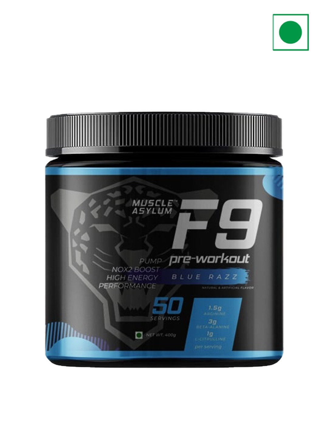 

Muscle Asylum F9 Pre Workout 50 Servings - 400gm Blue Razz Flavor, Black
