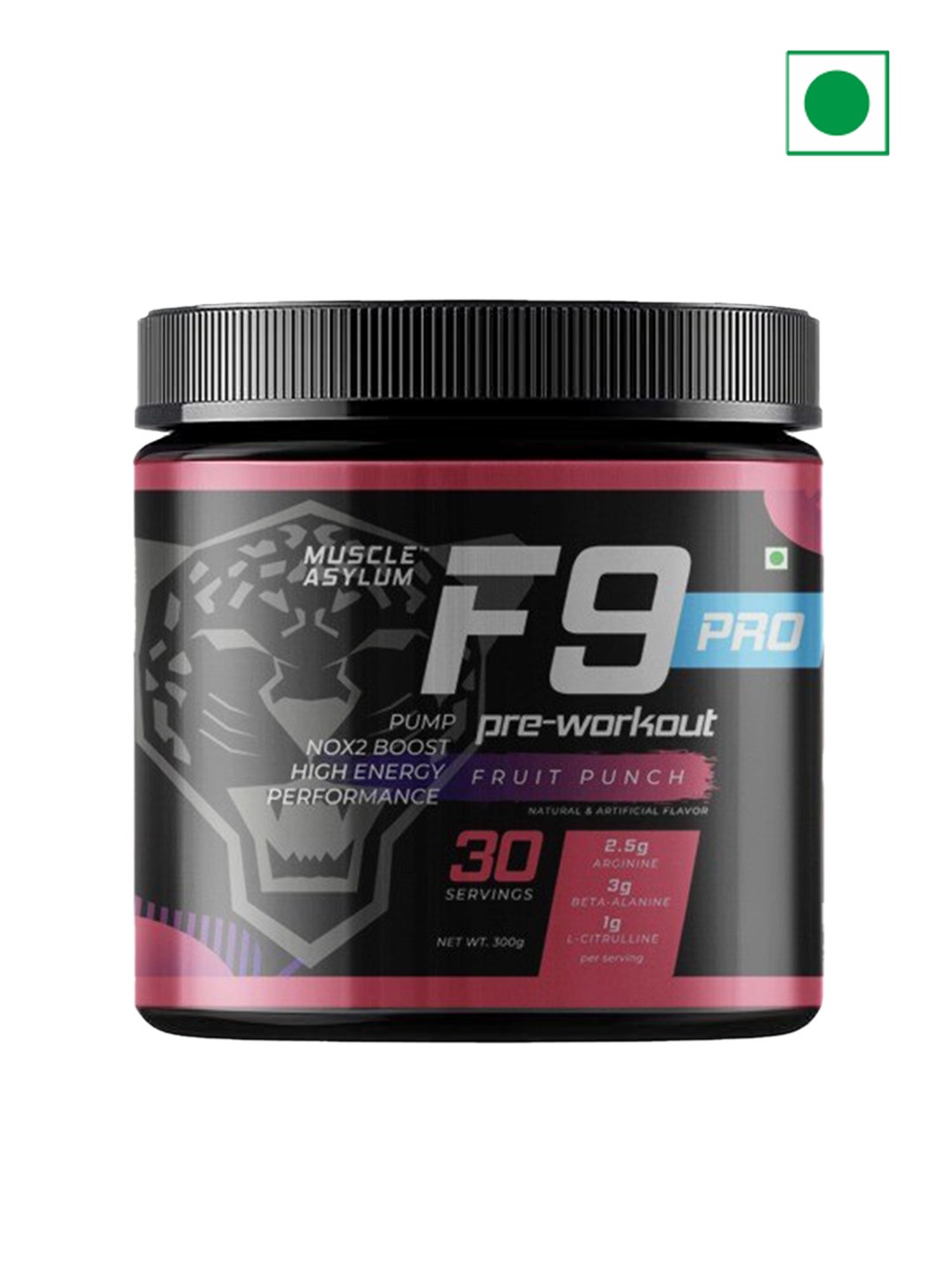 

Muscle Asylum F9 PRO Pre-Workout Fruit Punch- 300 gm, Black