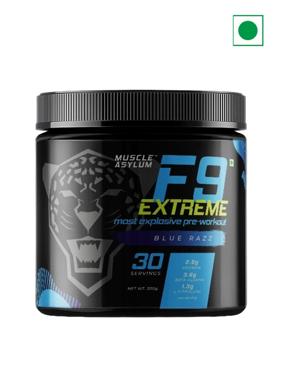 

Muscle Asylum F9 Extreme Pre Workout Powder Blue Razz 30 Servings- 300 Gm, Black