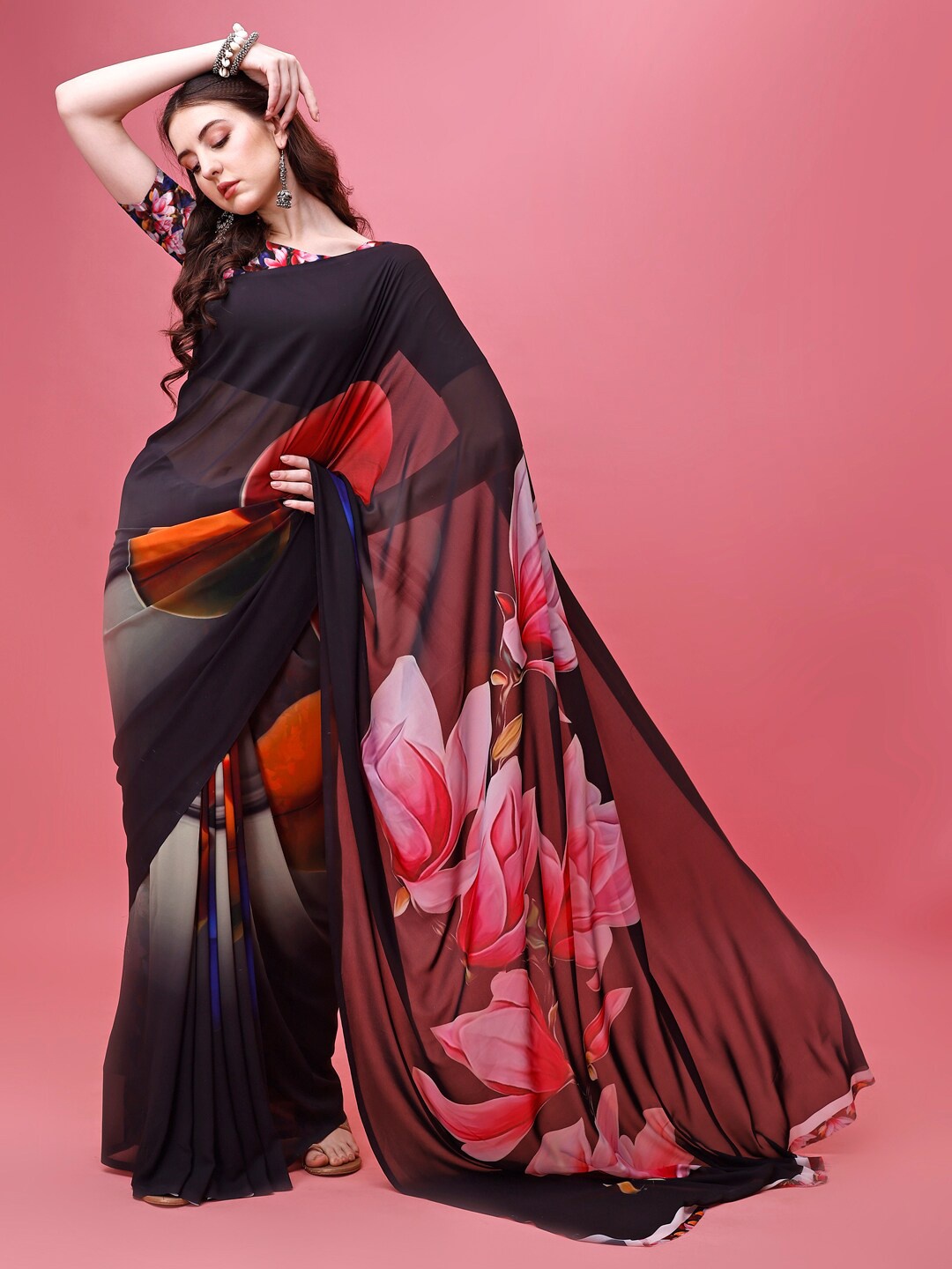 

P D Silk Mills Floral Pure Georgette Saree, Black