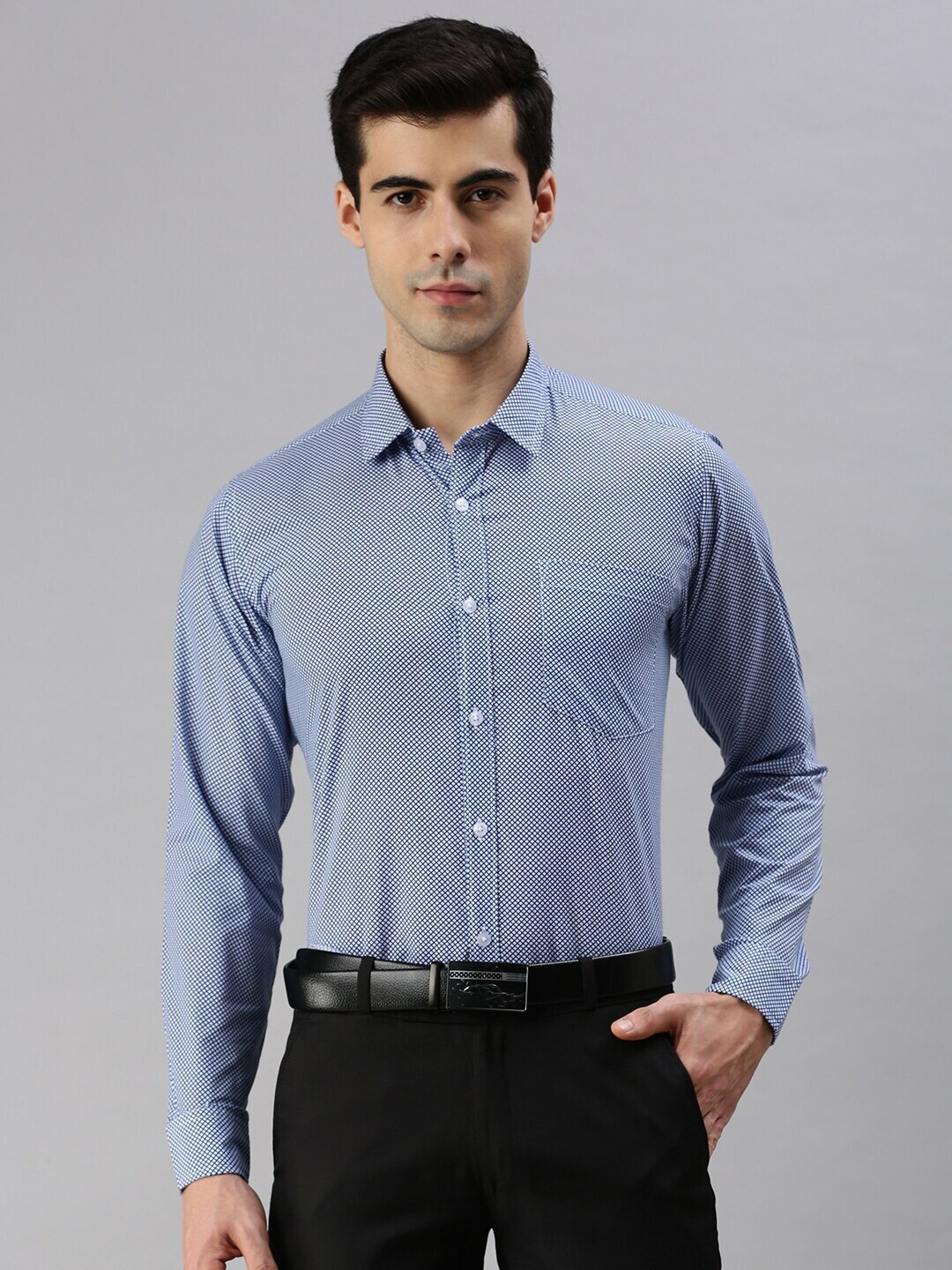 

WHITE HEART Spread Collar Micro Checks Opaque Checked Formal Shirt, Blue