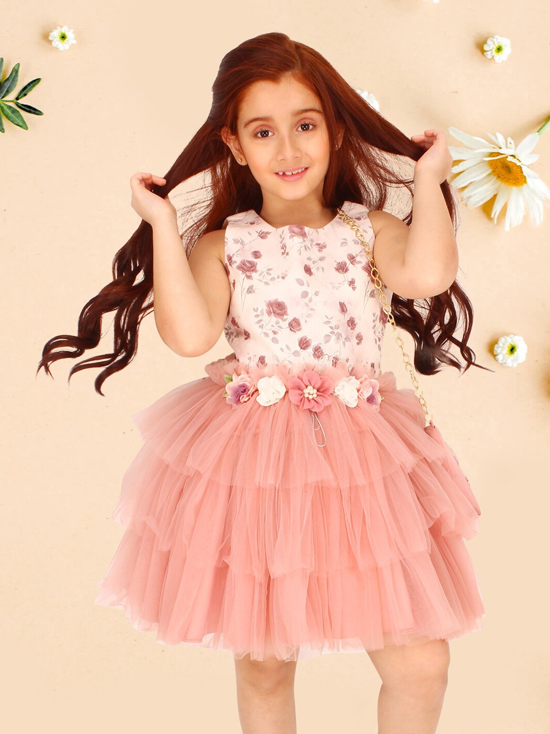 

CUTECUMBER Girls Floral Print Applique Georgette Round Neck Sleeveless Fit & Flare Dress, Peach