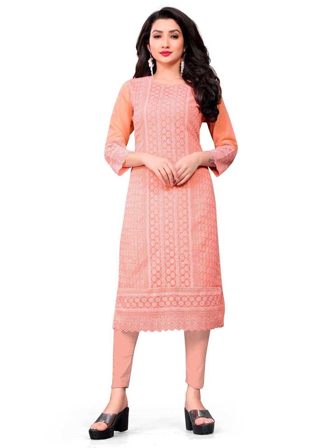 

S.K.C Ethnic Motifs Embroidered Round Neck Chikankari Georgette Straight Kurta, Orange