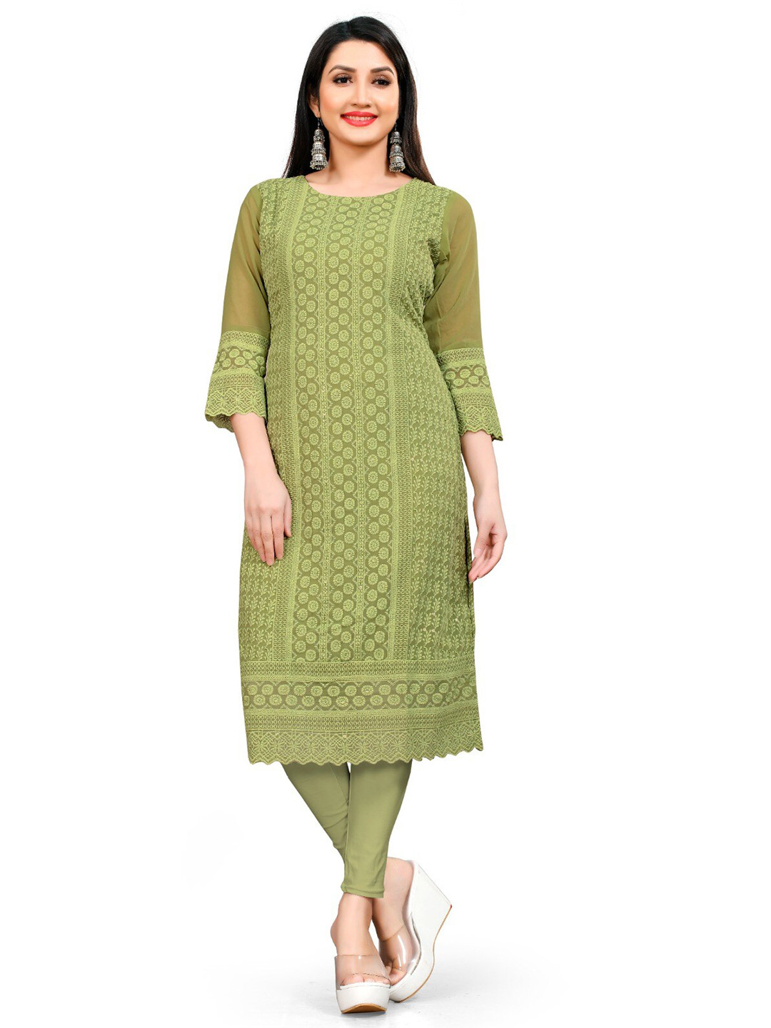 

S.K.C Ethnic Motifs Embroidered Sequinned Georgette Kurta, Lime green
