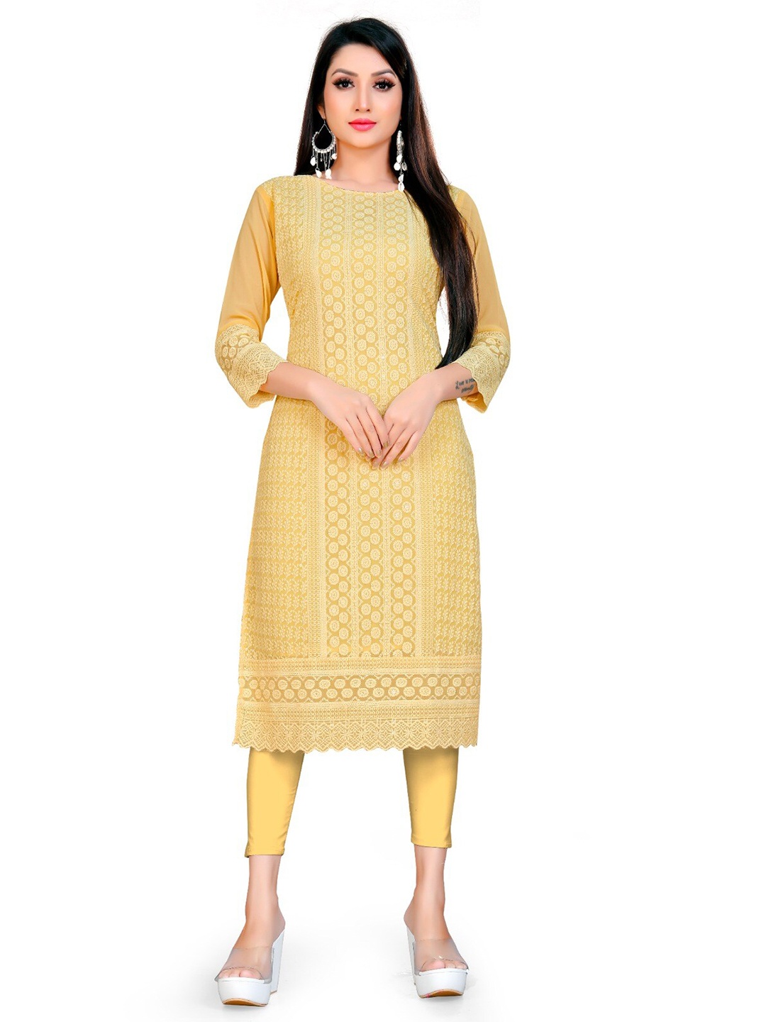 

S.K.C Ethnic Motifs Embroidered Sequinned Georgette Kurta, Yellow