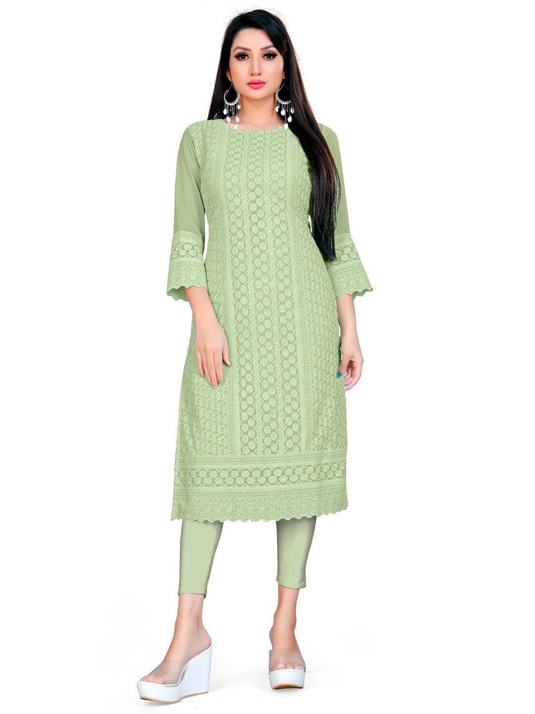 

S.K.C Embroidered Chikankari Straight Kurta, Green