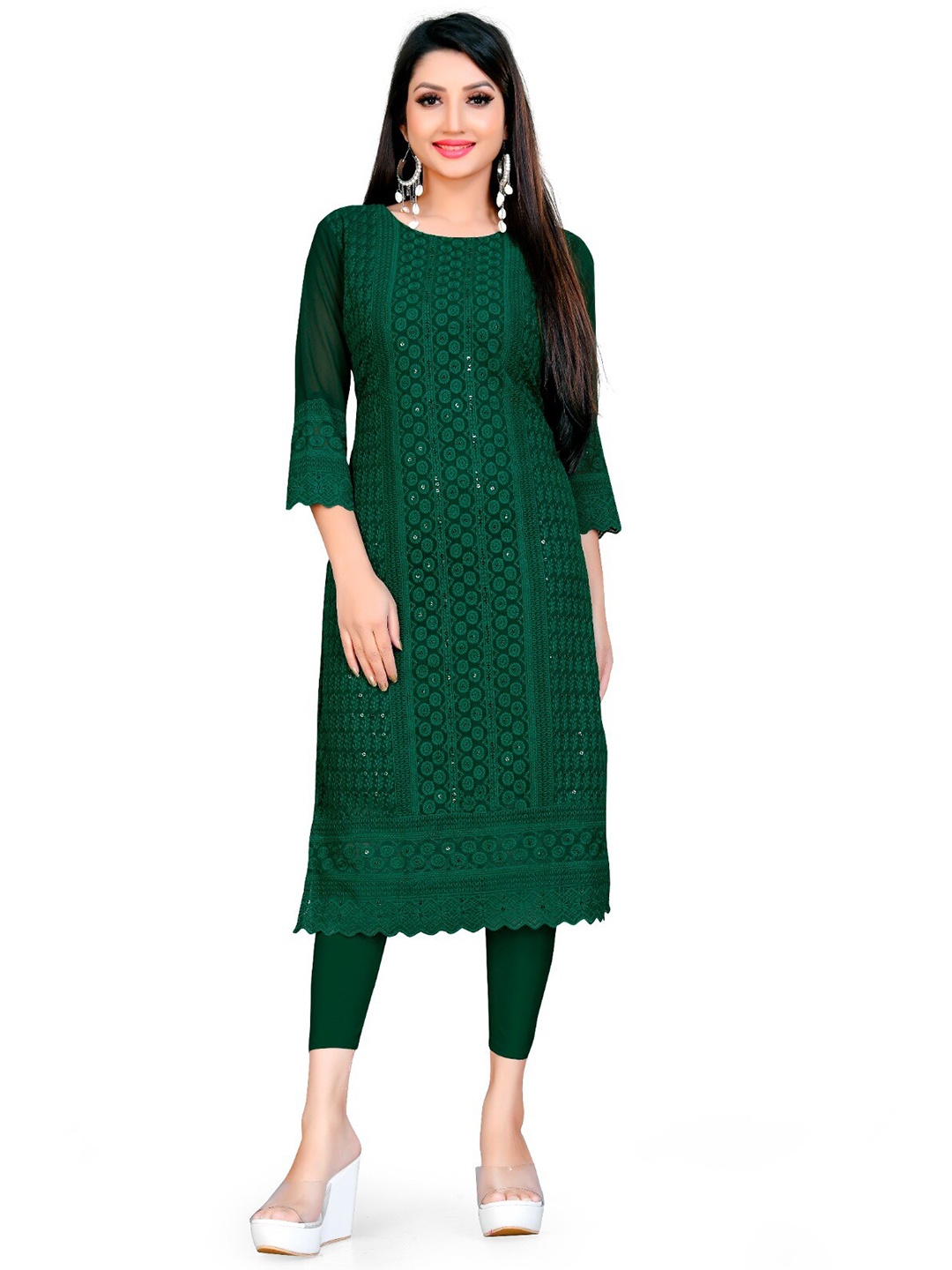 

S.K.C Ethnic Motifs Embroidered Sequinned Georgette Kurta, Green