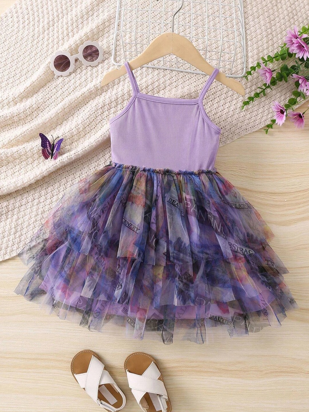 

BAESD Girls Floral Print Shoulder Straps Layered Net Fit & Flare Dress, Lavender