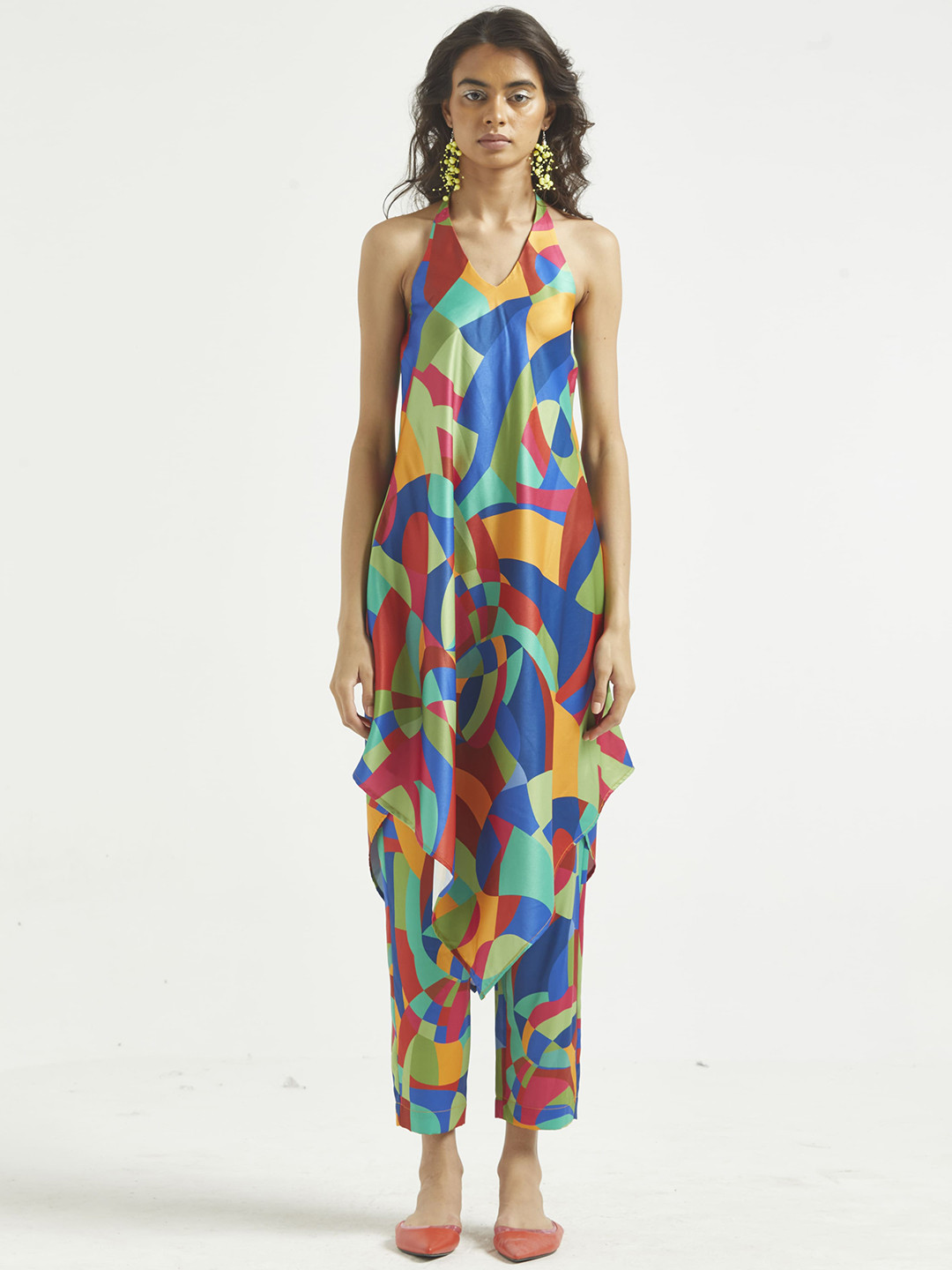 

Dash and Dot Abstract Printed Halter Neck Top & Trousers, Red