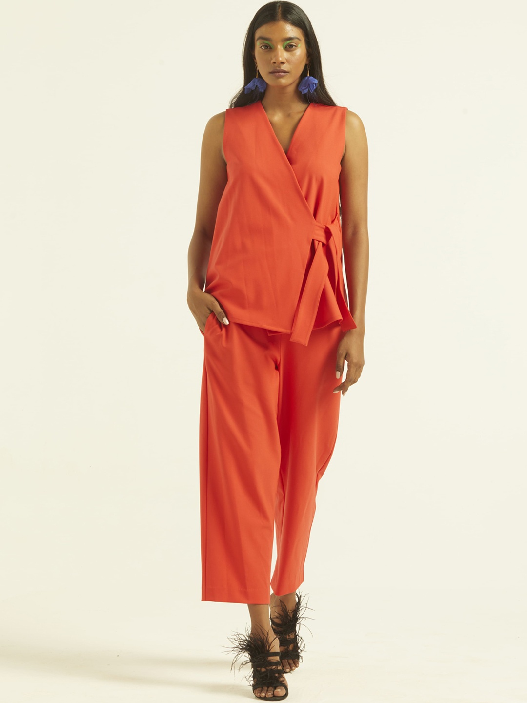 

Dash and Dot Sleeveless Side Tie Top With Trouser, Coral