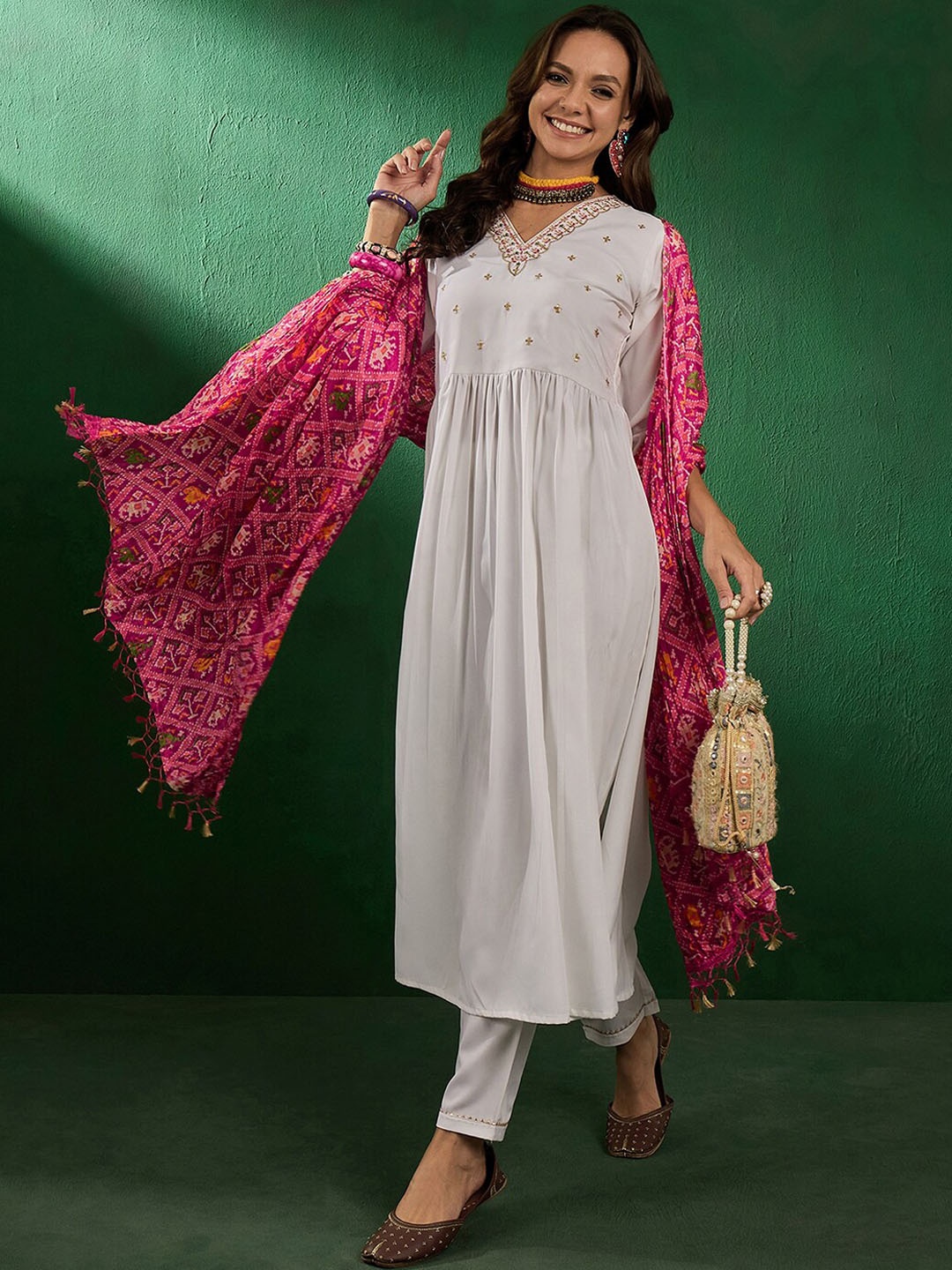 

Sangria Embroidered-V- Neck Straight Kurta With Trousers & Dupatta, White