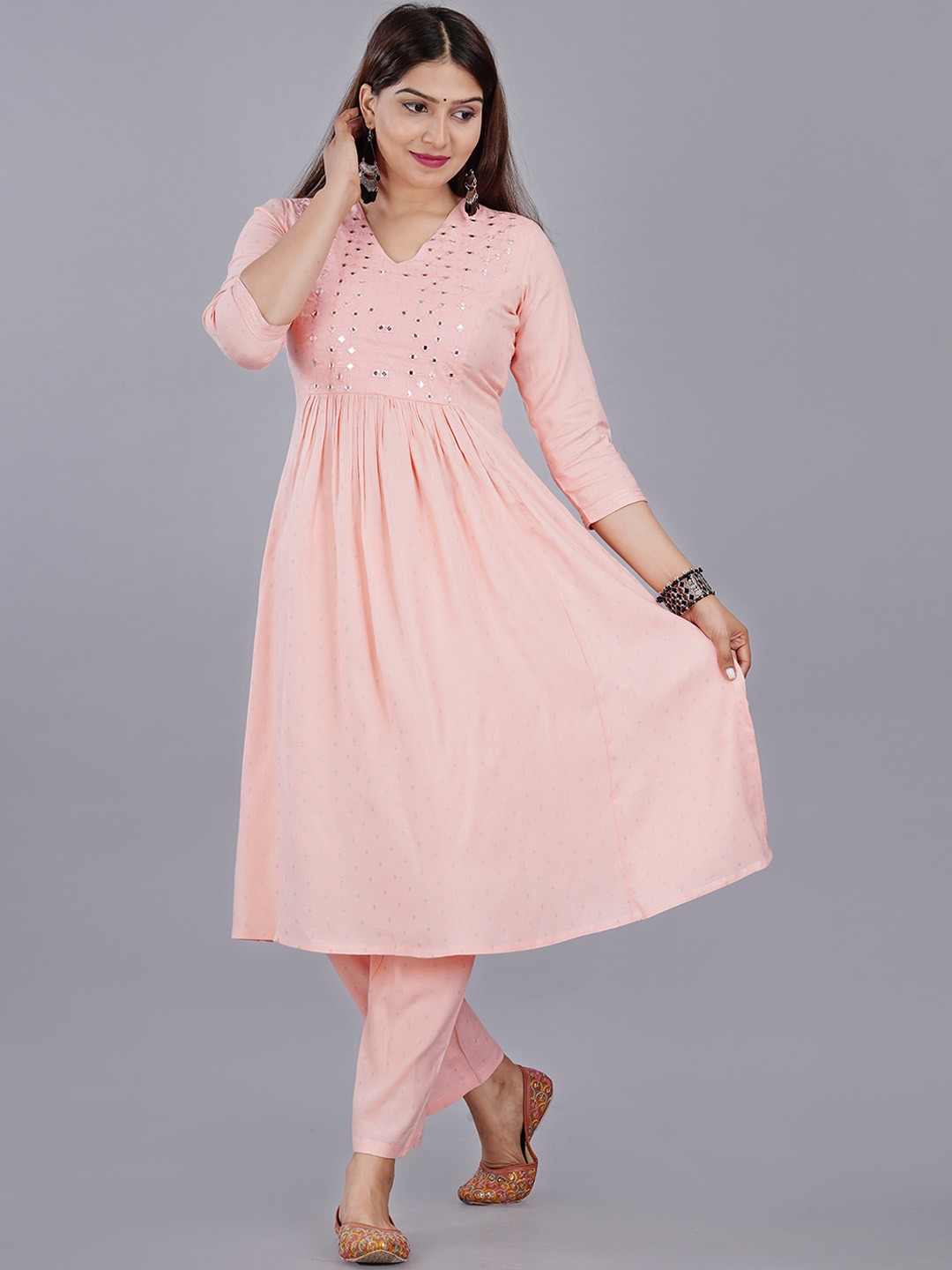 

BAESD Ethnic Motifs Embroidered V-Neck Empire Mirror Work Anarkali Kurta With Trousers, Pink