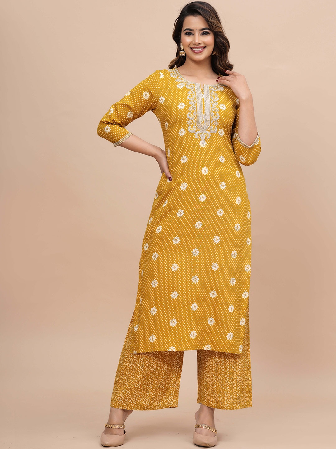 

BAESD Ethnic Motifs Embroidered Regular Gotta Patti Kurta with Trousers, Yellow