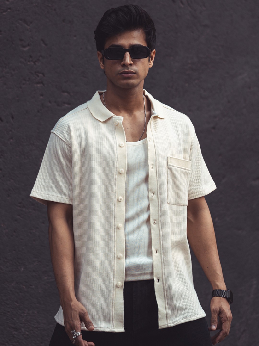 

Powerlook Spread Collar Short Sleeves Striped India Slim Regular Fit Oversized Shirt, Cream