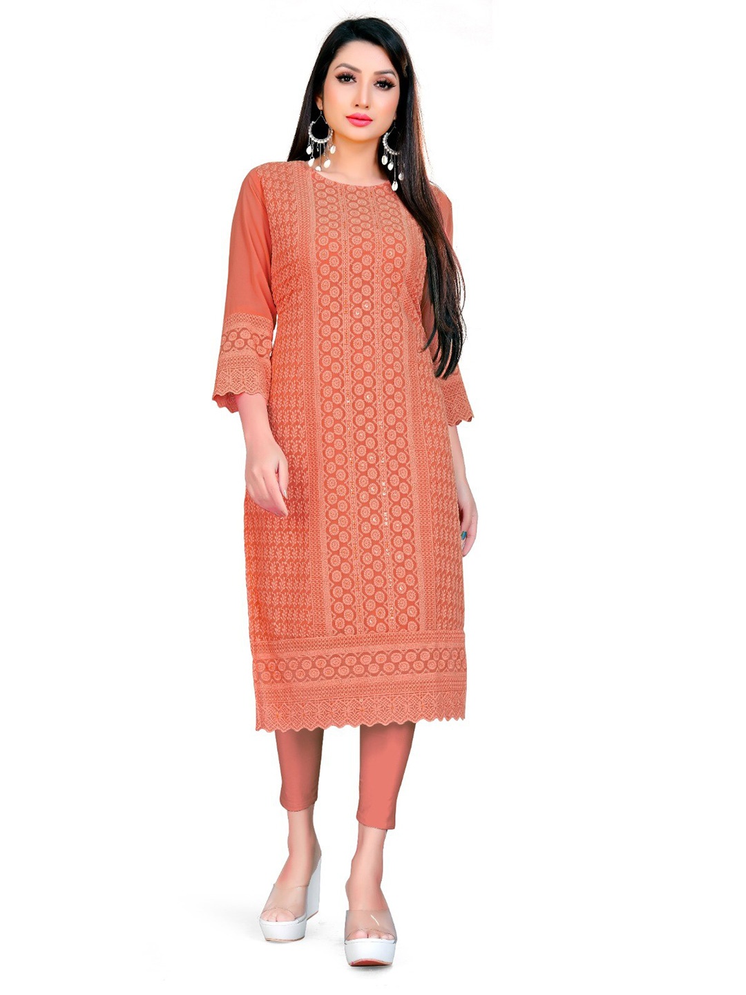 

BAESD Round Neck Embroidered Chikankari Straight Kurta, Red