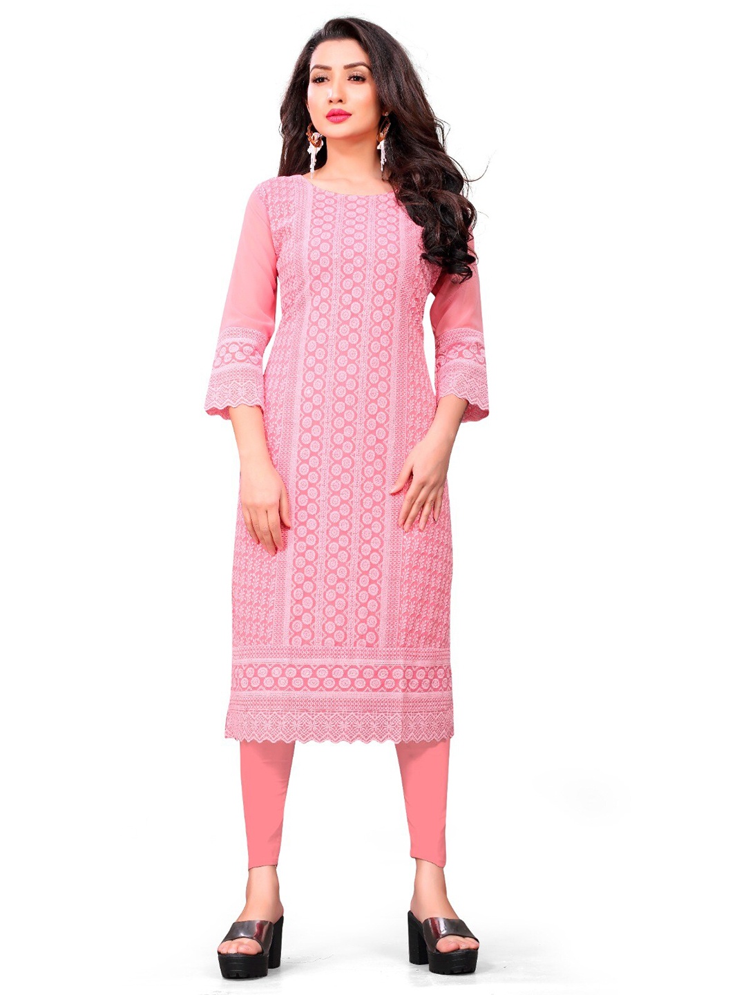 

BAESD Embroidered Chikankari Straight Kurta, Peach