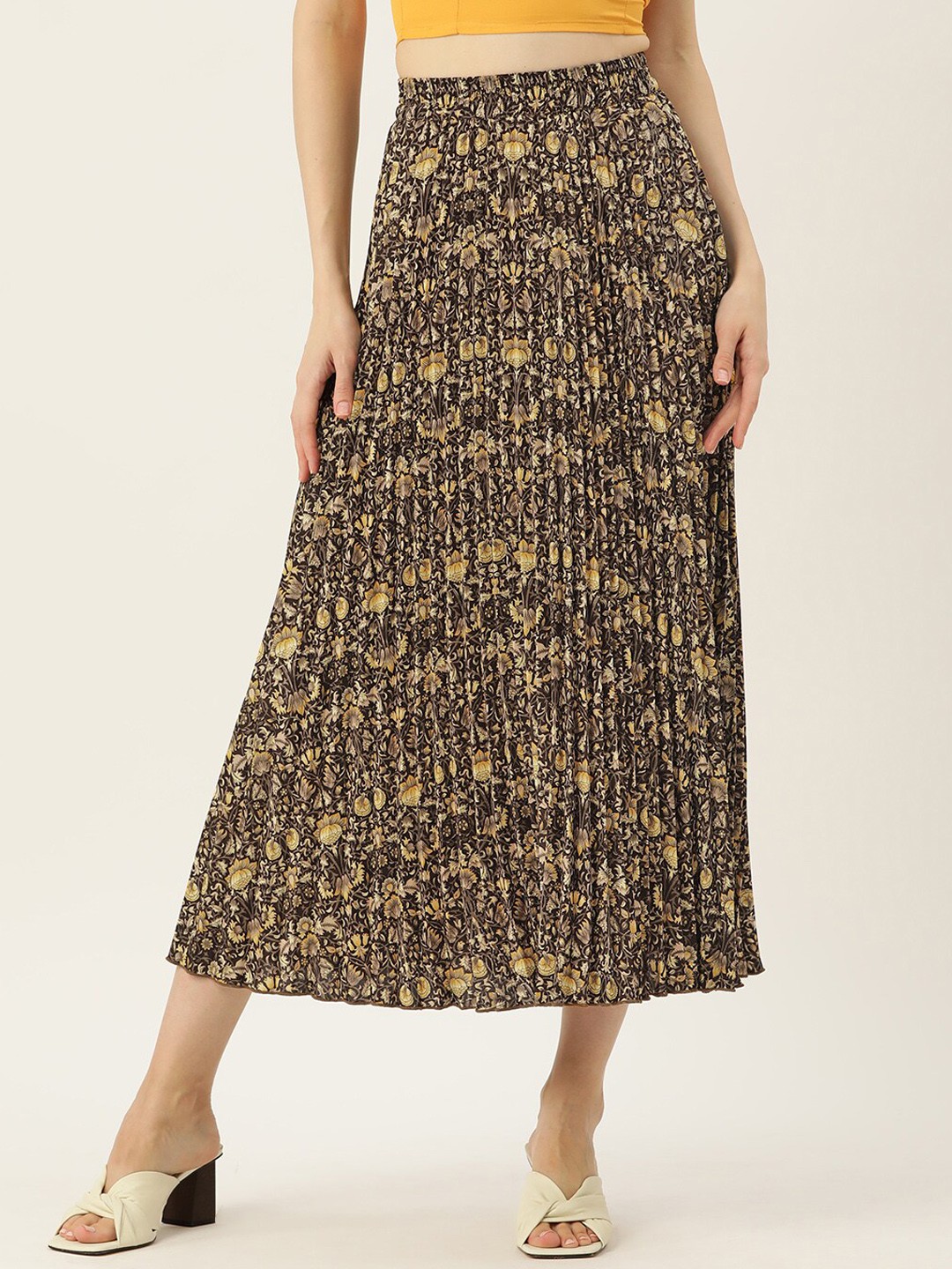 

WISSTLER Floral Printed Pleated Maxi Skirt, Coffee brown