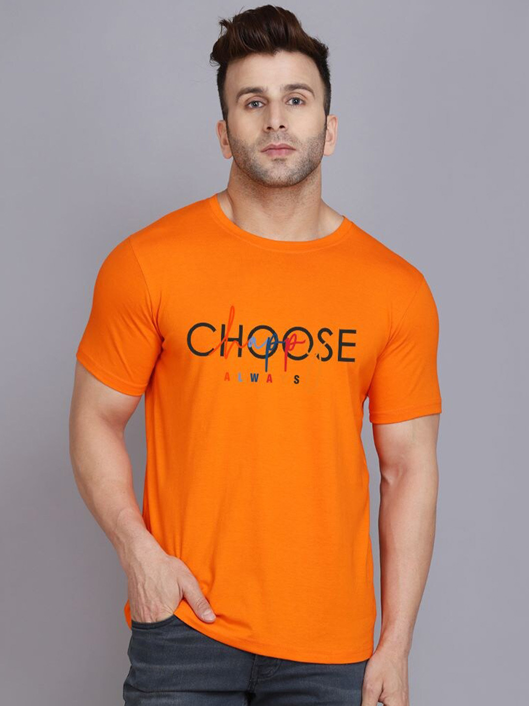 

SLOWLORIS Round Neck Short Sleeves Printed T-shirt, Orange