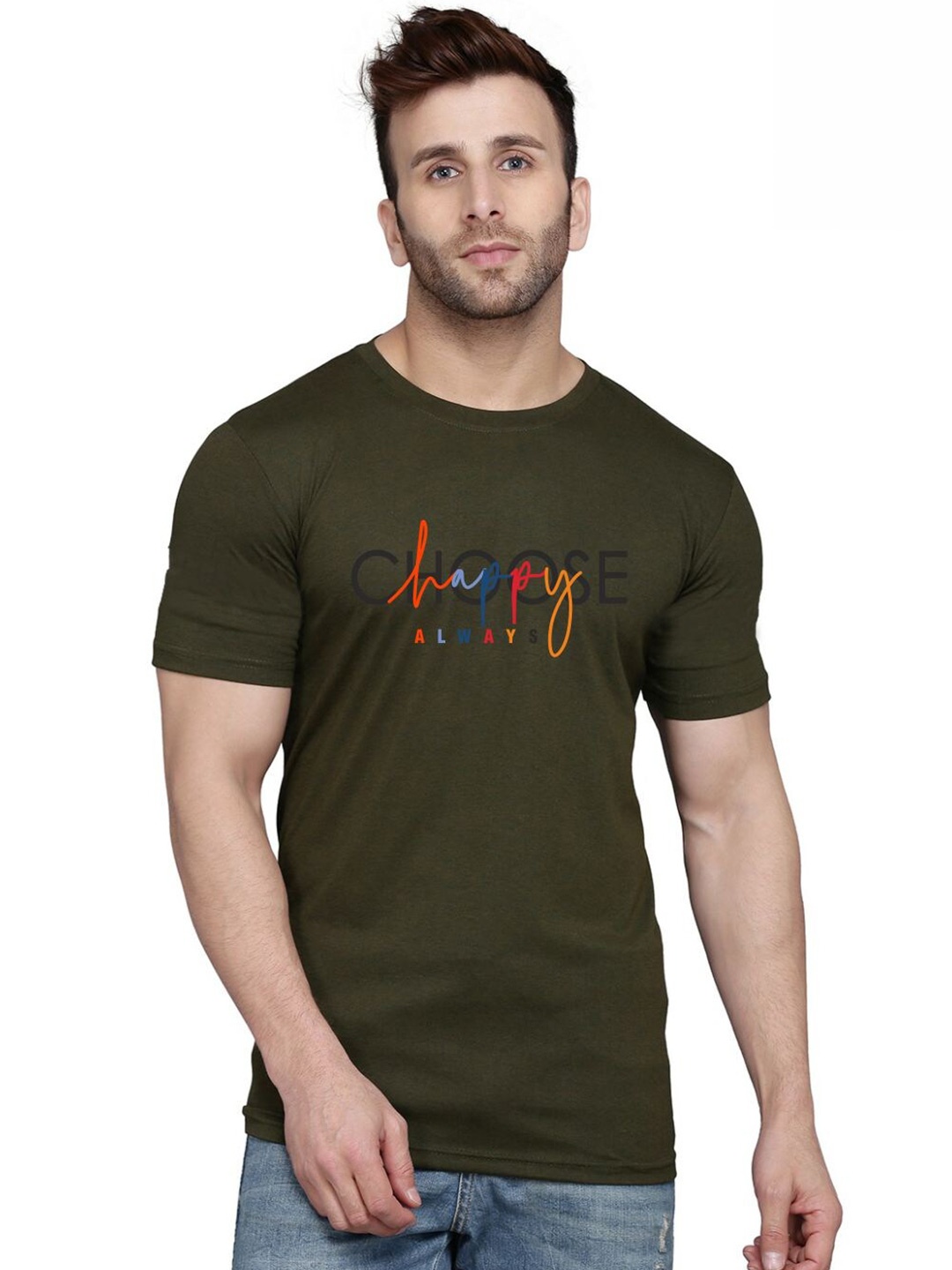 

SLOWLORIS Round Neck Short Sleeves Typography Printed T-shirt, Olive