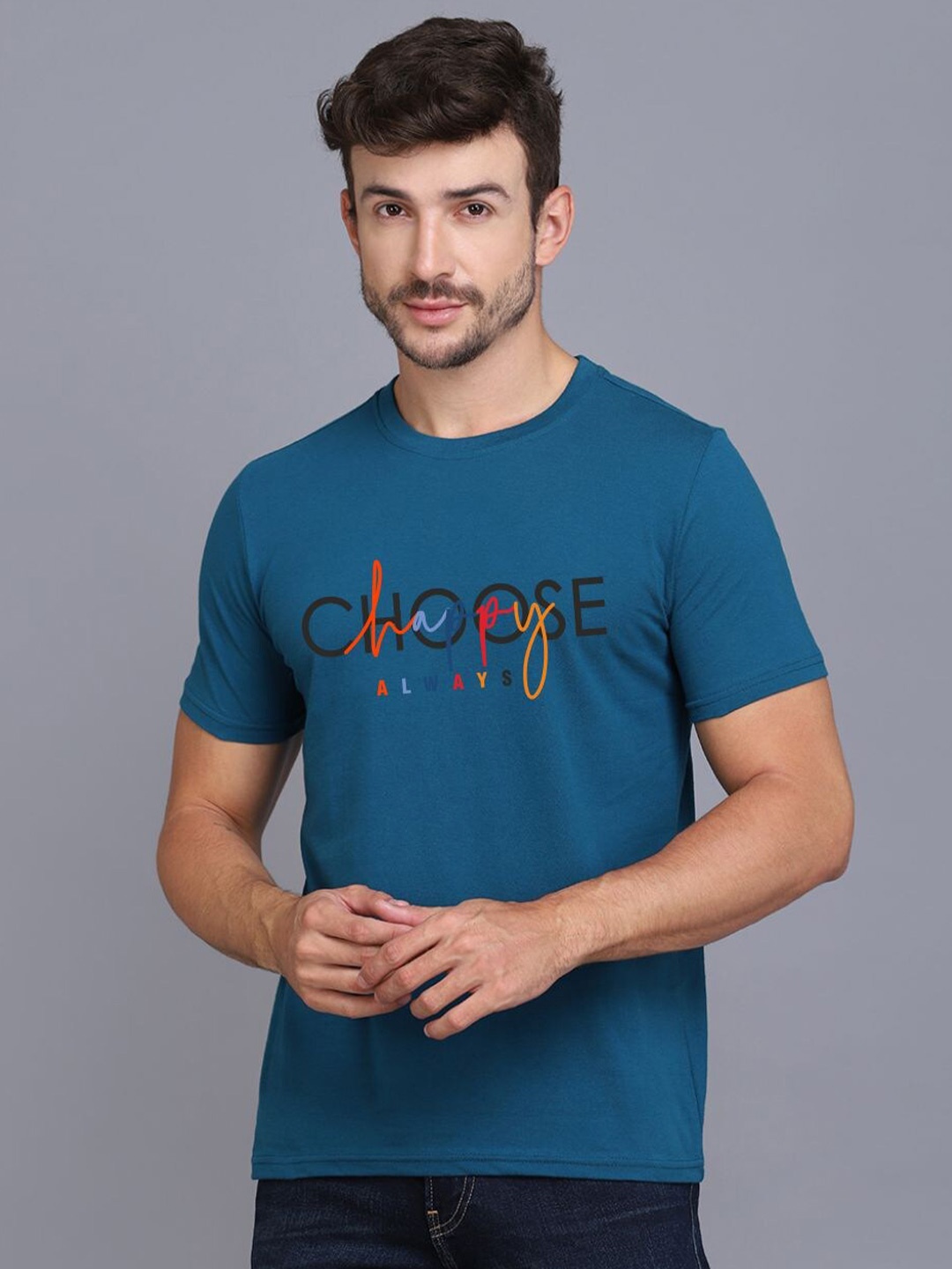 

SLOWLORIS Typography Printed Round Neck Bio-Wash Cotton T-shirt, Teal