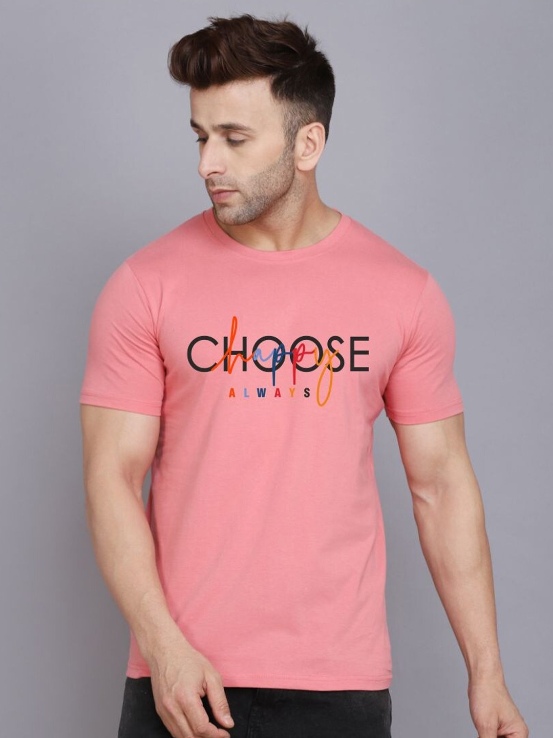 

SLOWLORIS Round Neck Short Sleeves Typography Printed Regular Fit T-shirt, Peach