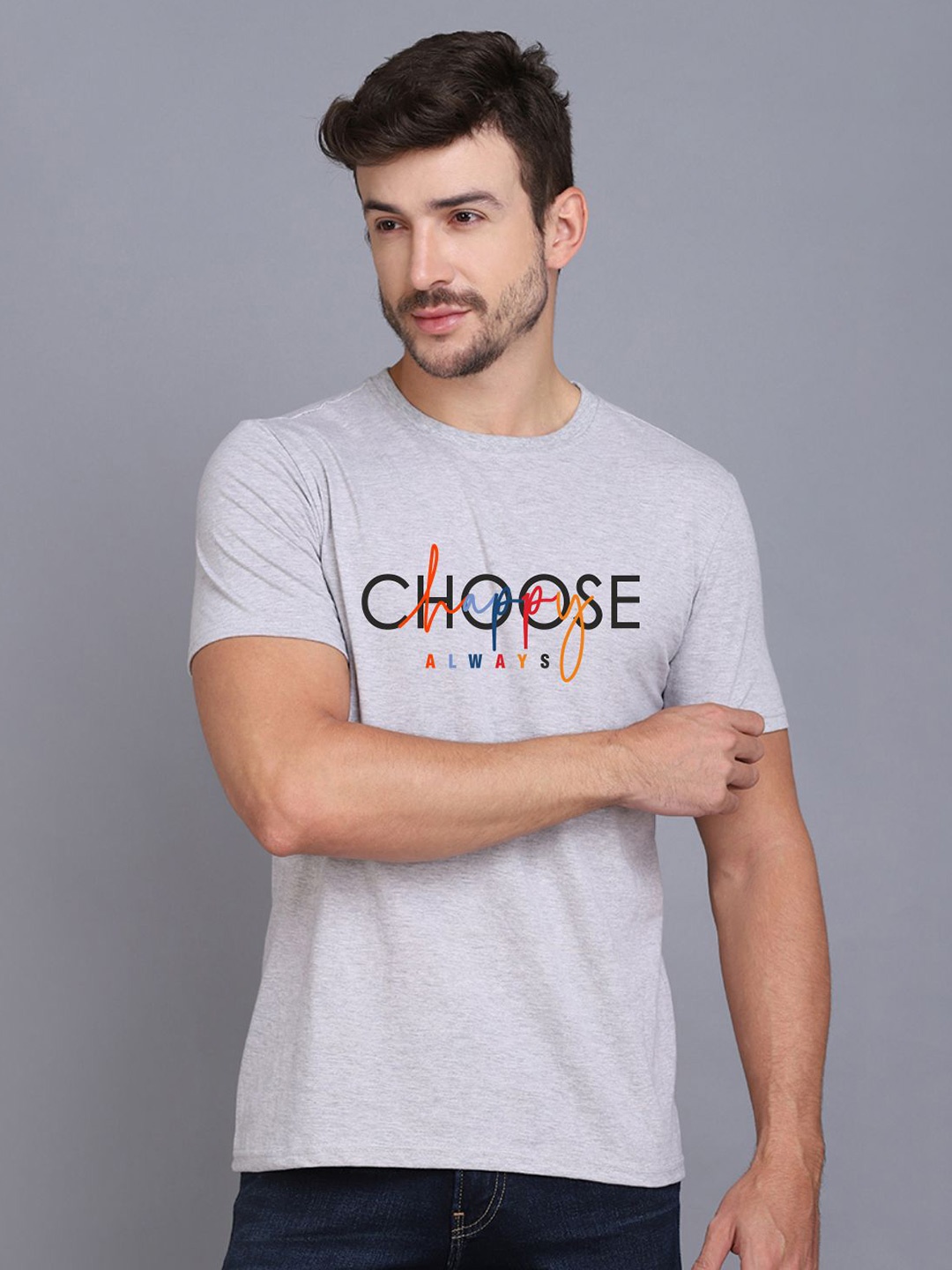 SLOWLORIS Round Neck Short Sleeves Typography Printed T-shirt, Grey