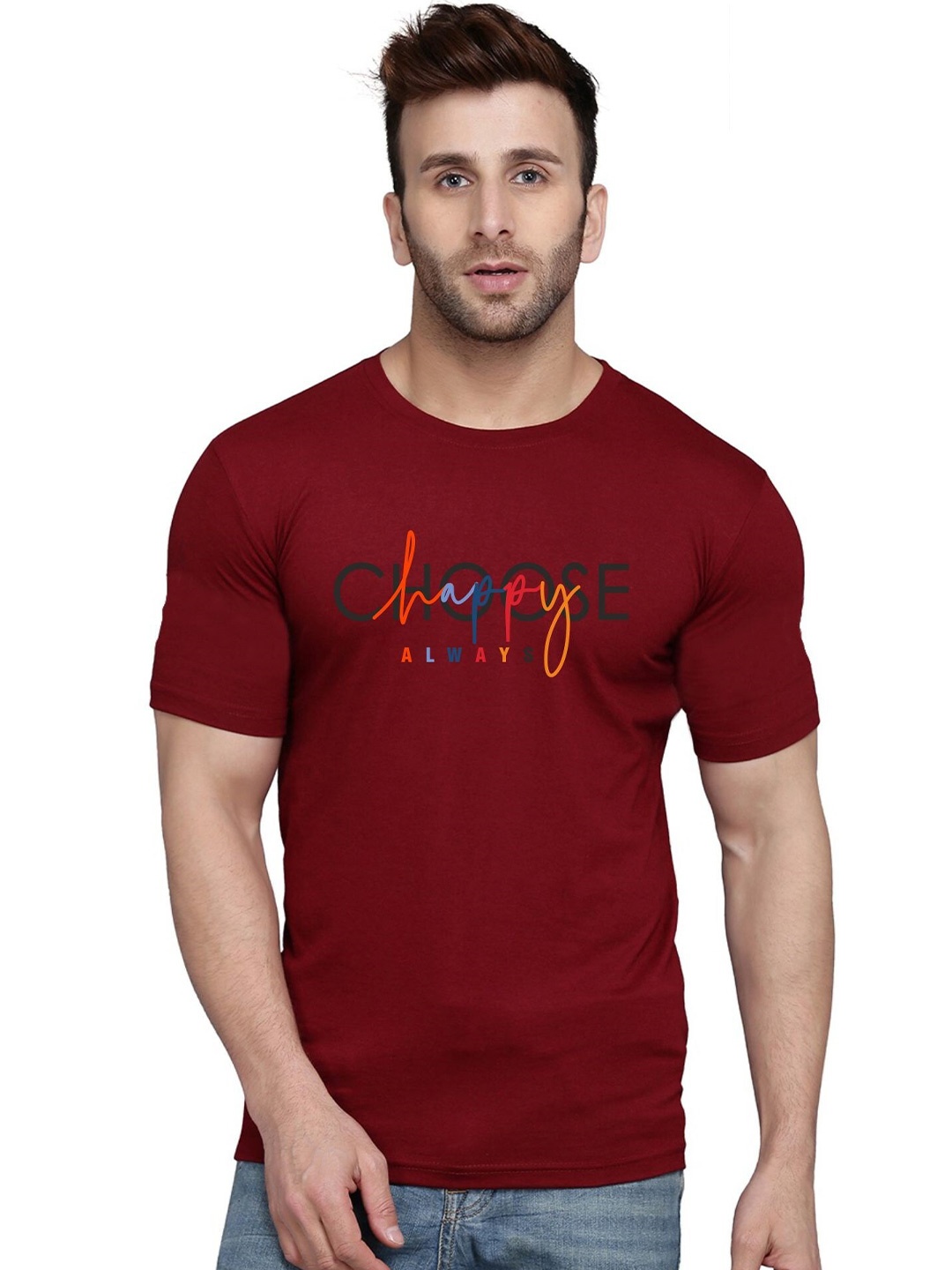 SLOWLORIS Round Neck Short Sleeves Typography Printed T-shirt, Maroon