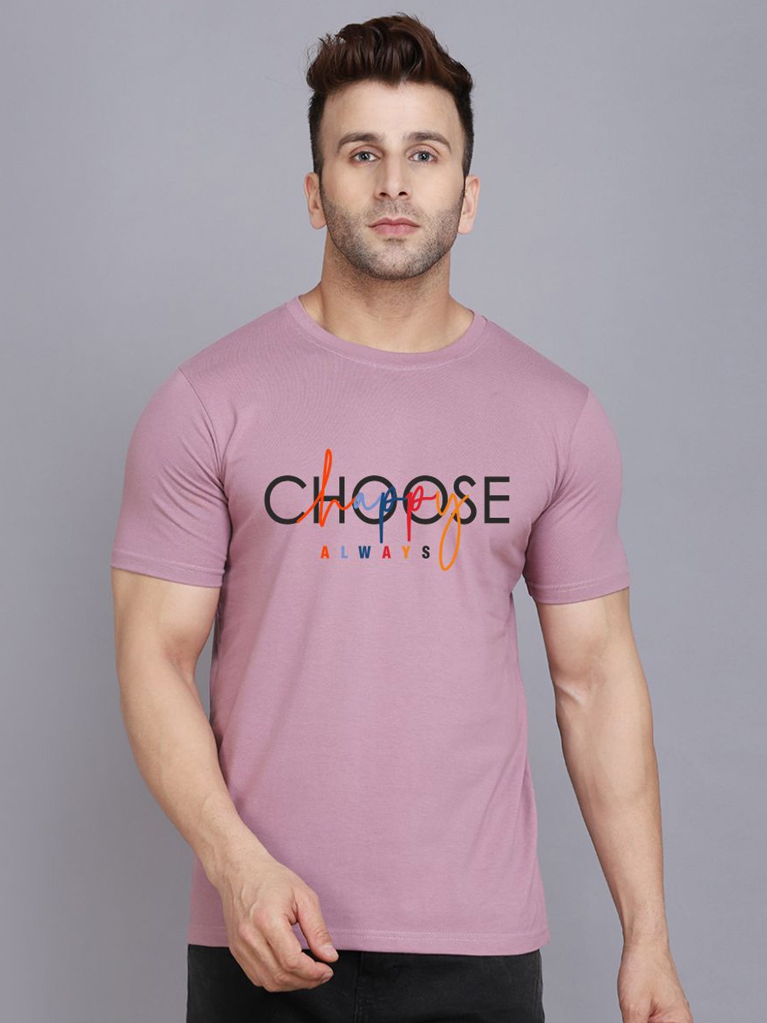 

SLOWLORIS Typography Printed Round Neck Bio-Wash Cotton T-shirt, Purple
