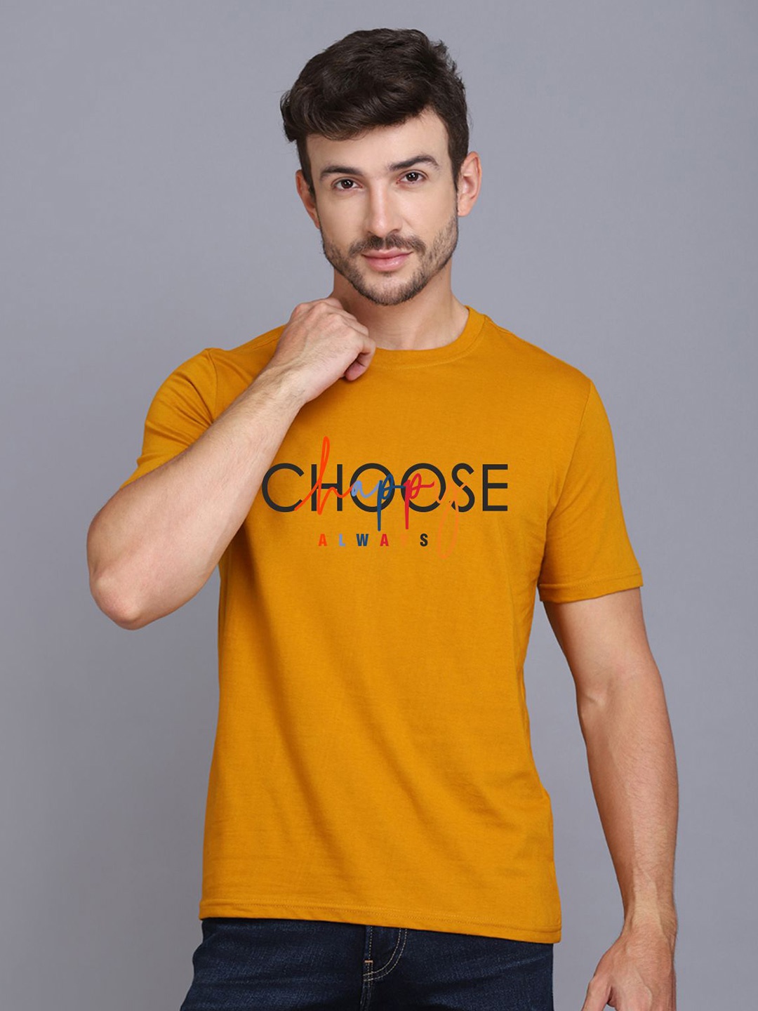 

SLOWLORIS Round Neck Short Sleeves Typography Printed T-shirt, Mustard