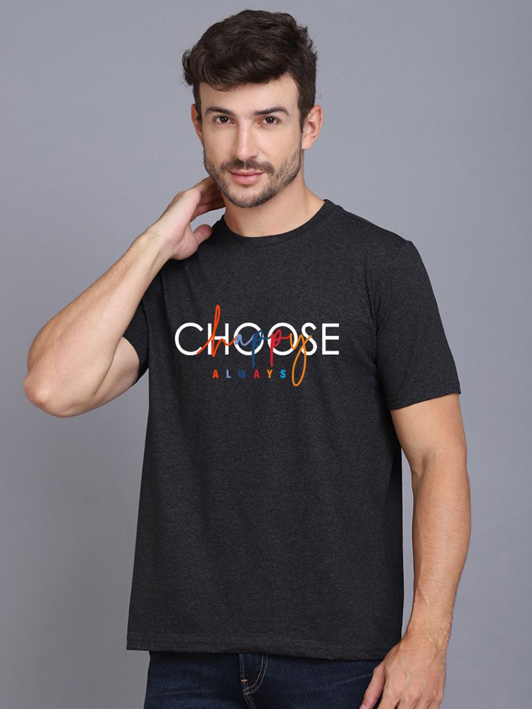 

SLOWLORIS Typography Printed Round Neck Bio-Wash Cotton T-shirt, Black