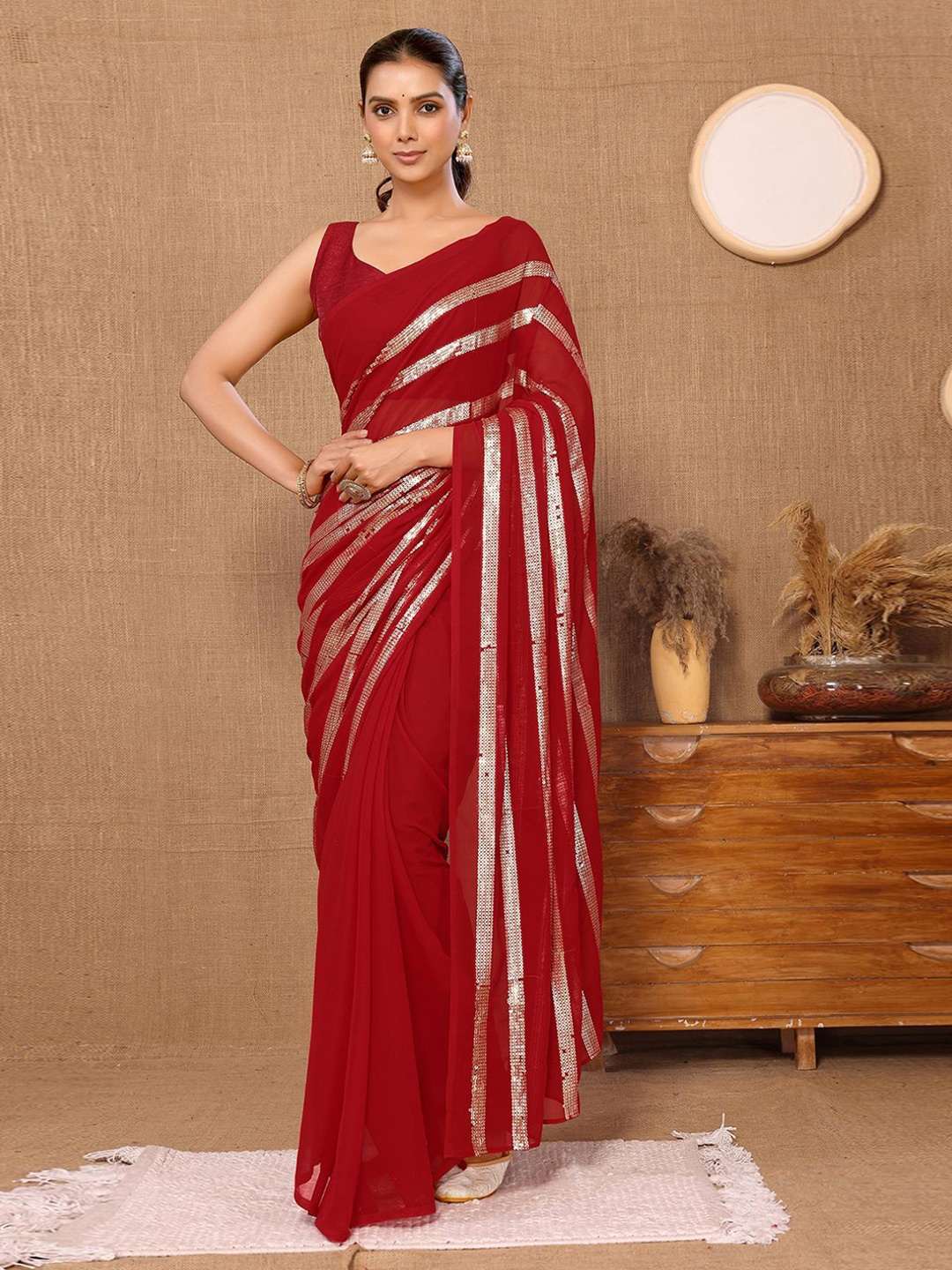 

HERE&NOW Embellished Sequinned Ready to Wear Saree, Red