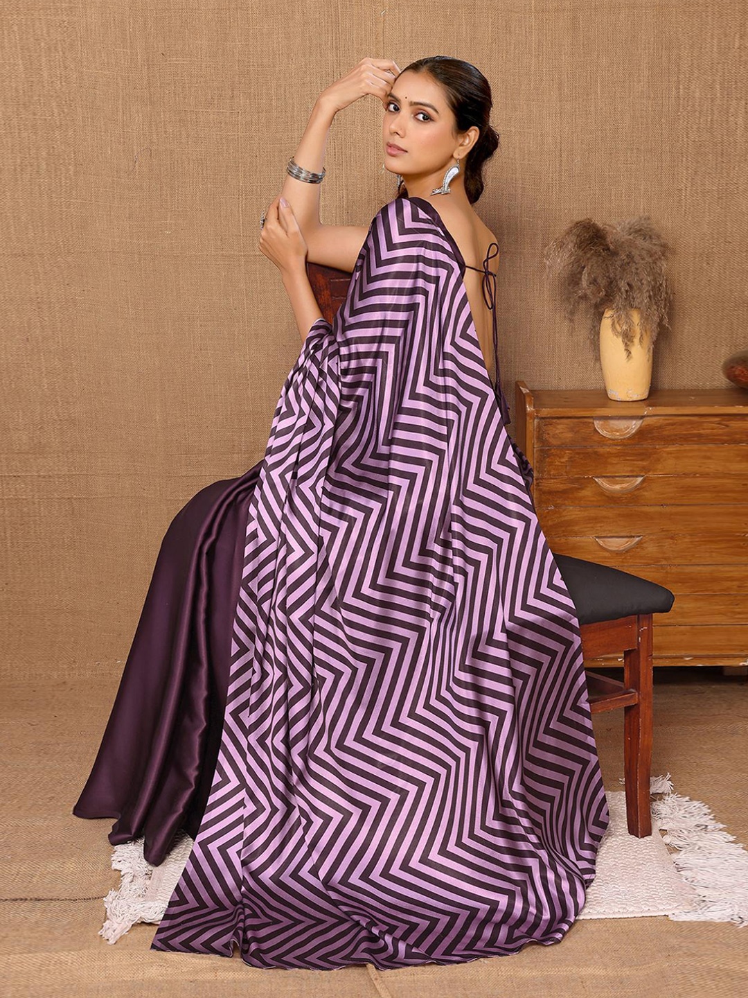 

HERE&NOW Striped Satin Ready to Wear Saree, Purple