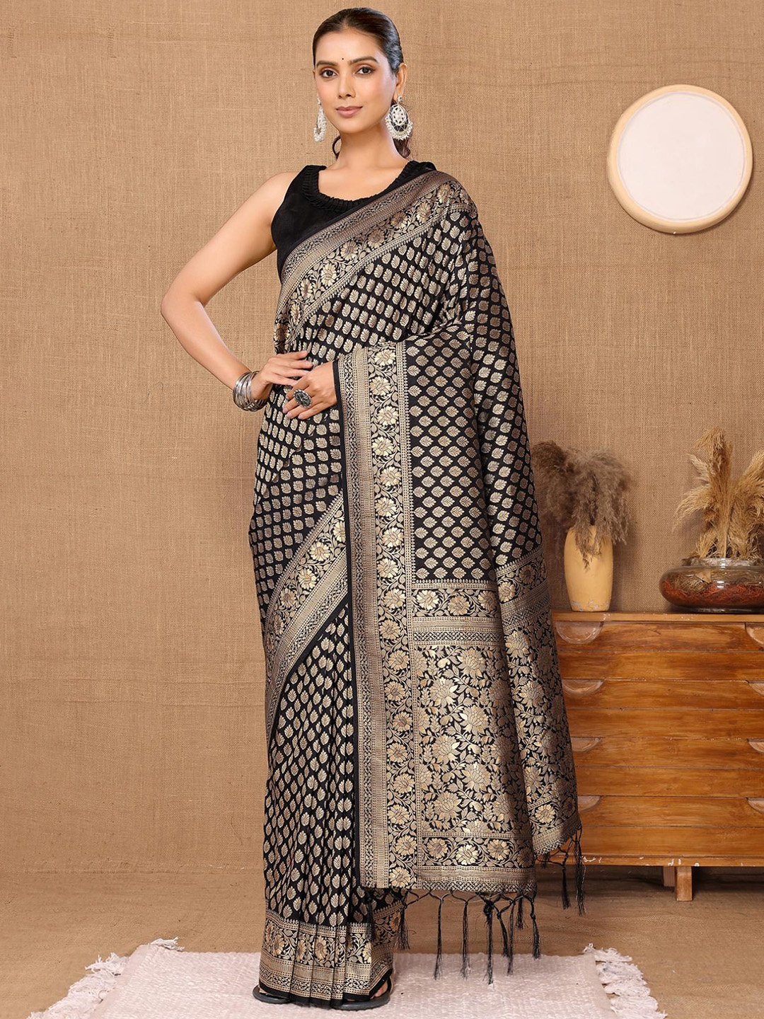 

HERE&NOW Ethnic Motifs Woven Design Zari Silk Cotton Designer Saree, Black