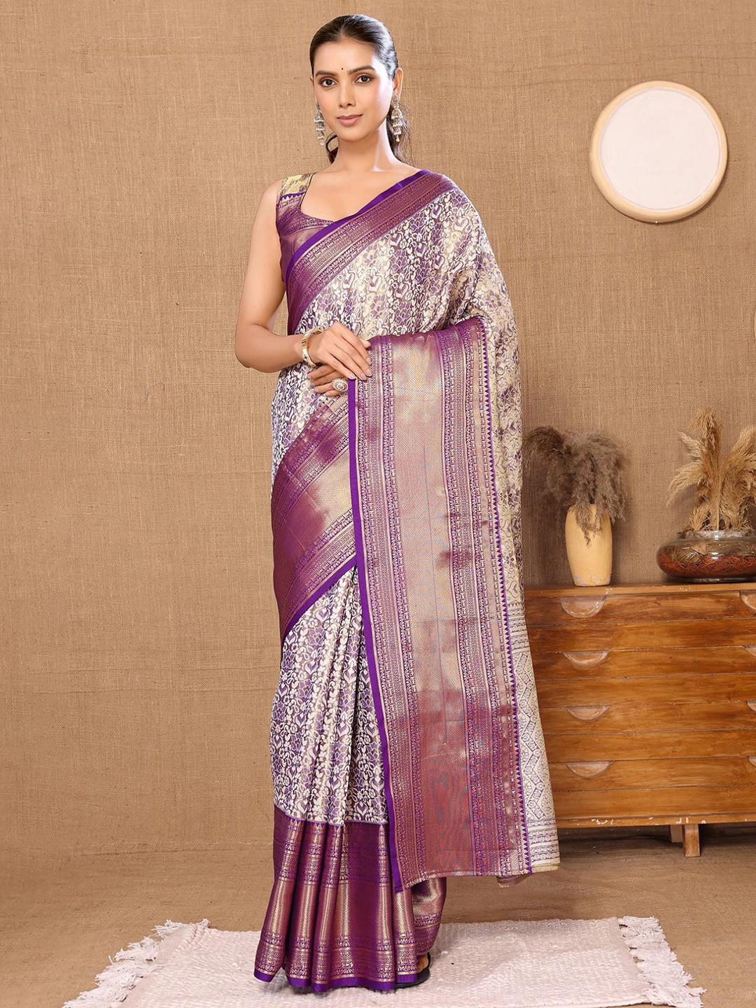 

HERE&NOW Ethnic Motifs Woven Design Zari Silk Cotton Saree, Purple