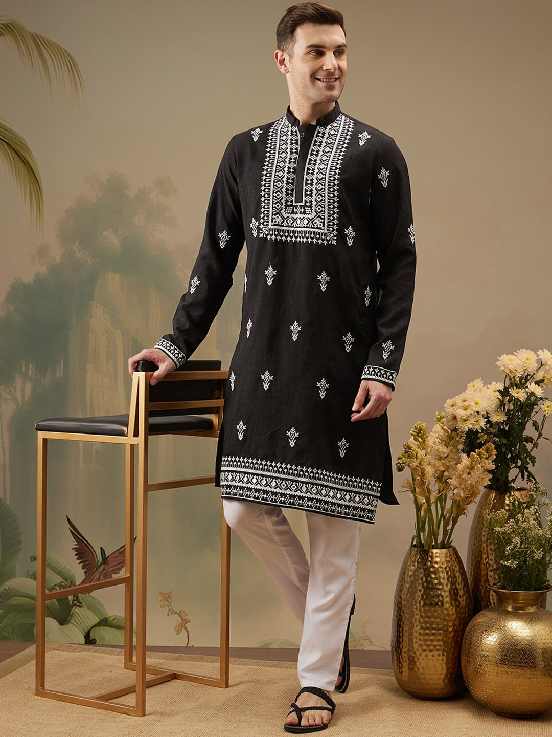 

Molly & Michel Ethnic Motifs Embroidered Mandarin Collar Straight Kurta & Pyjama, Black