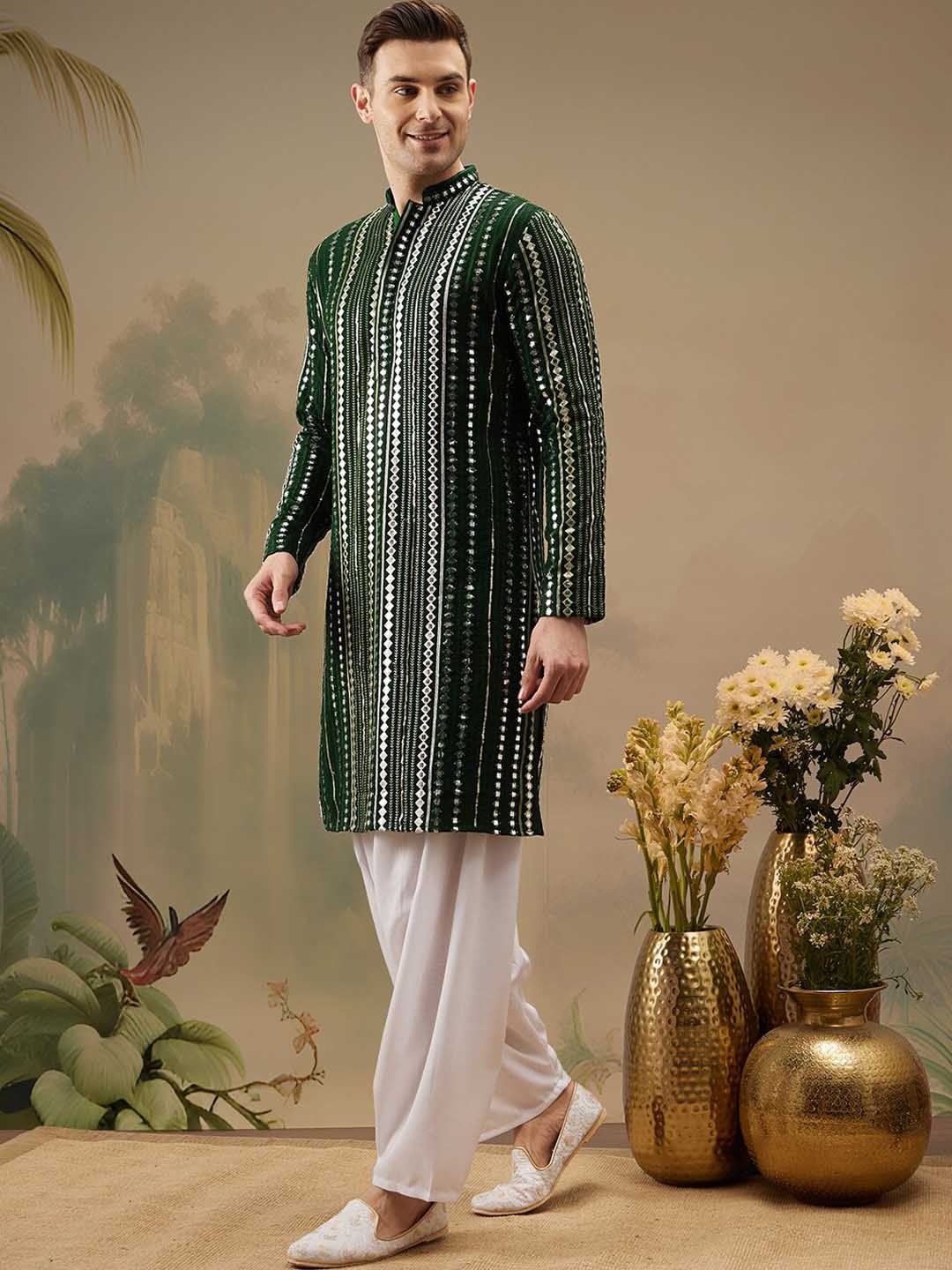 

Molly & Michel Geometric Embroidered Mandarin Collar Mirror Work Straight Kurta & Salwar, Green
