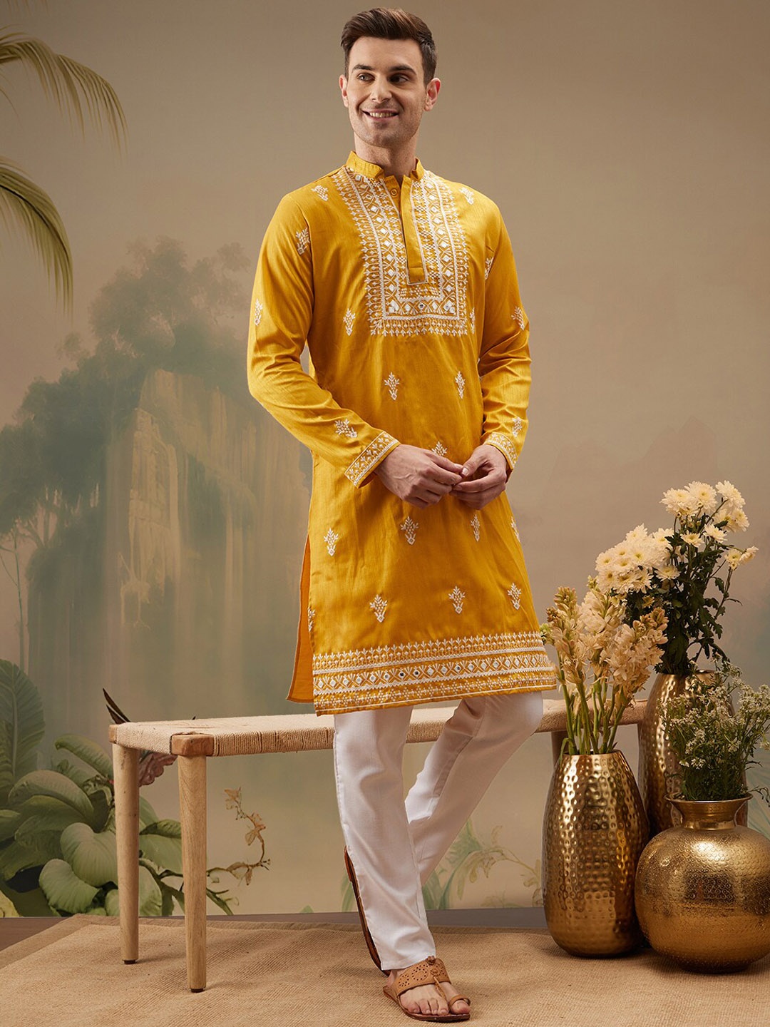 

Molly & Michel Mandarin Collar Long Sleeves Ethnic Motifs Embroidered Kurta with Pyjama, Yellow