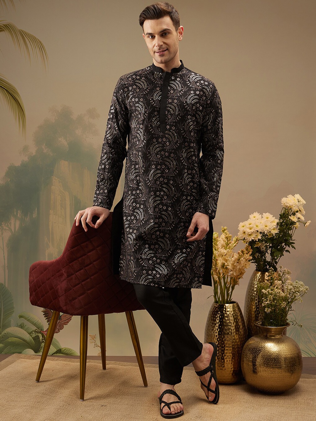 

Molly & Michel Mandarin Collar Long Sleeves Sequined Embroidered Kurta with Pyjama, Black