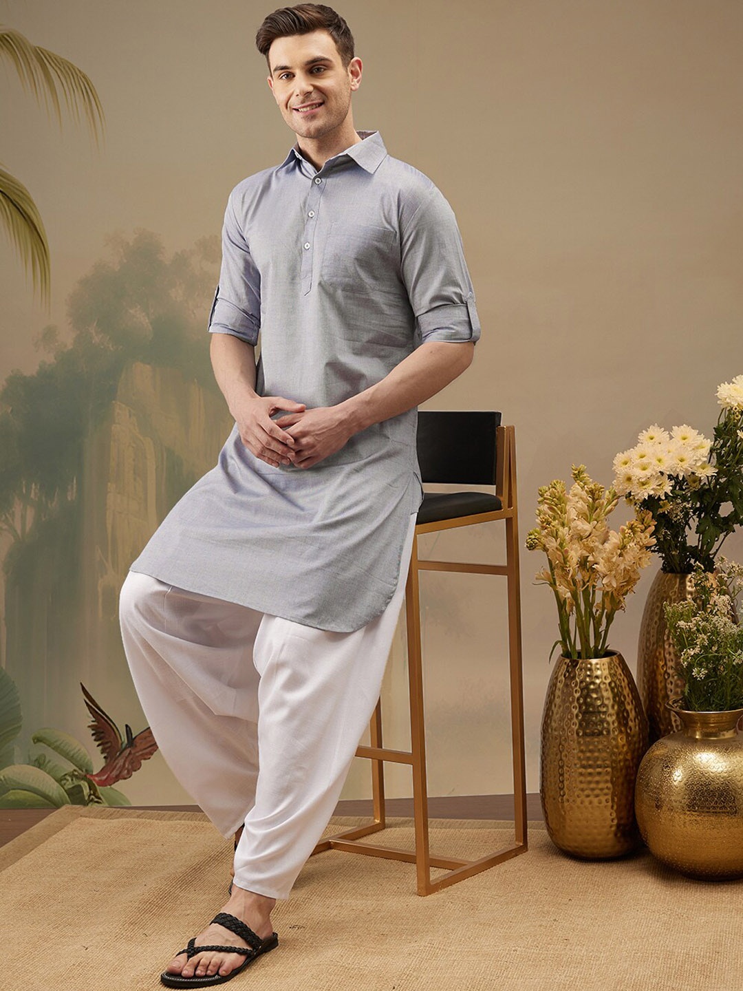 

Molly & Michel Shirt Collar Roll-Up Sleeves Pathani Kurta With Salwar, Blue