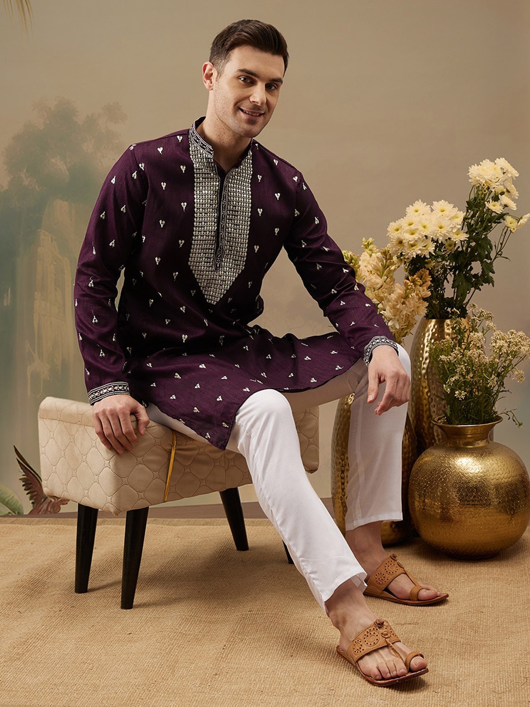 

Molly & Michel Ethnic Motifs Embroidered Mandarin Collar Sequinned Straight Kurta & Pyjama, Maroon