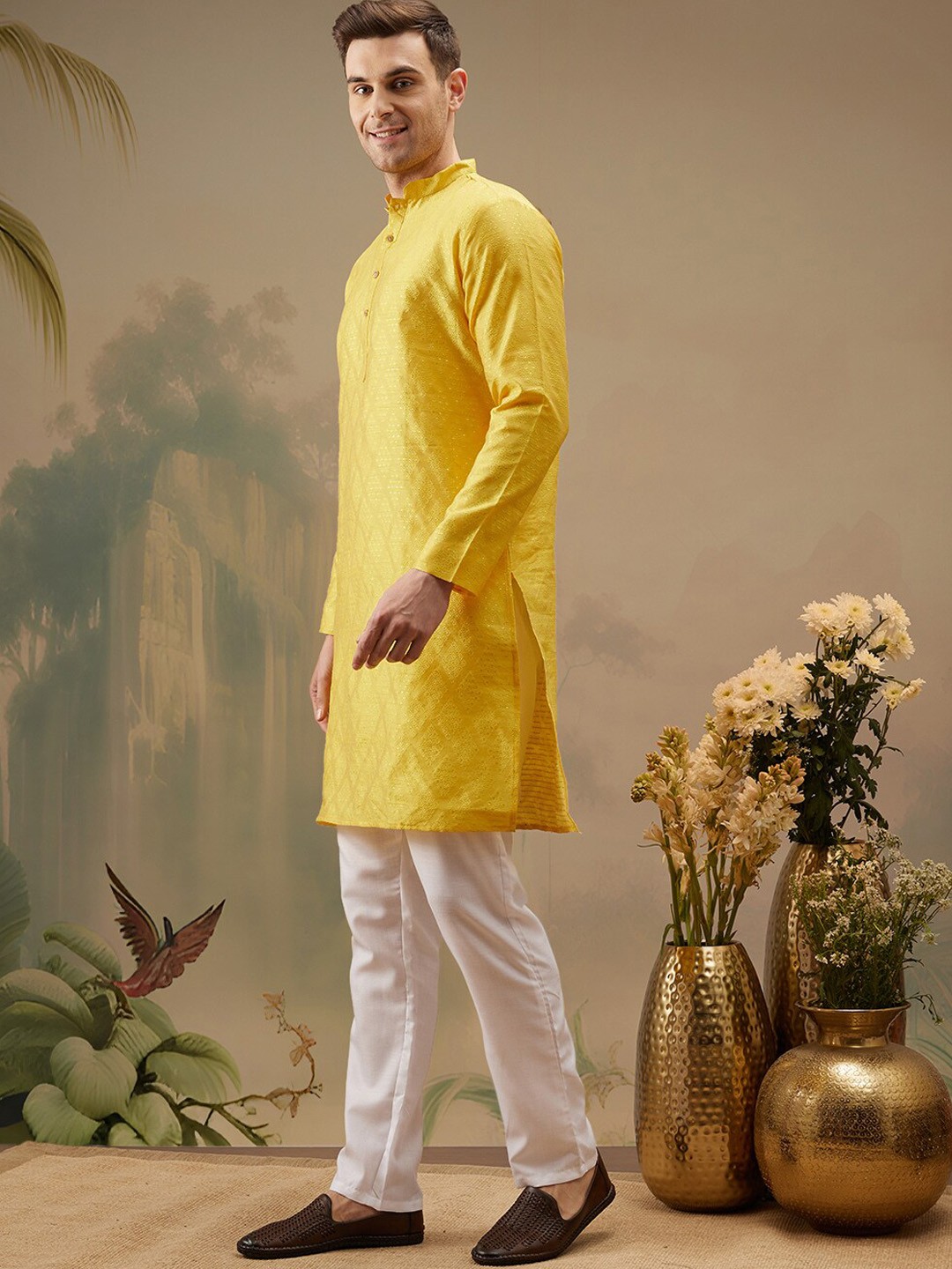 

Molly & Michel Ethnic Motifs Embroidered Mandarin Collar Straight Kurta & Pyjama, Yellow