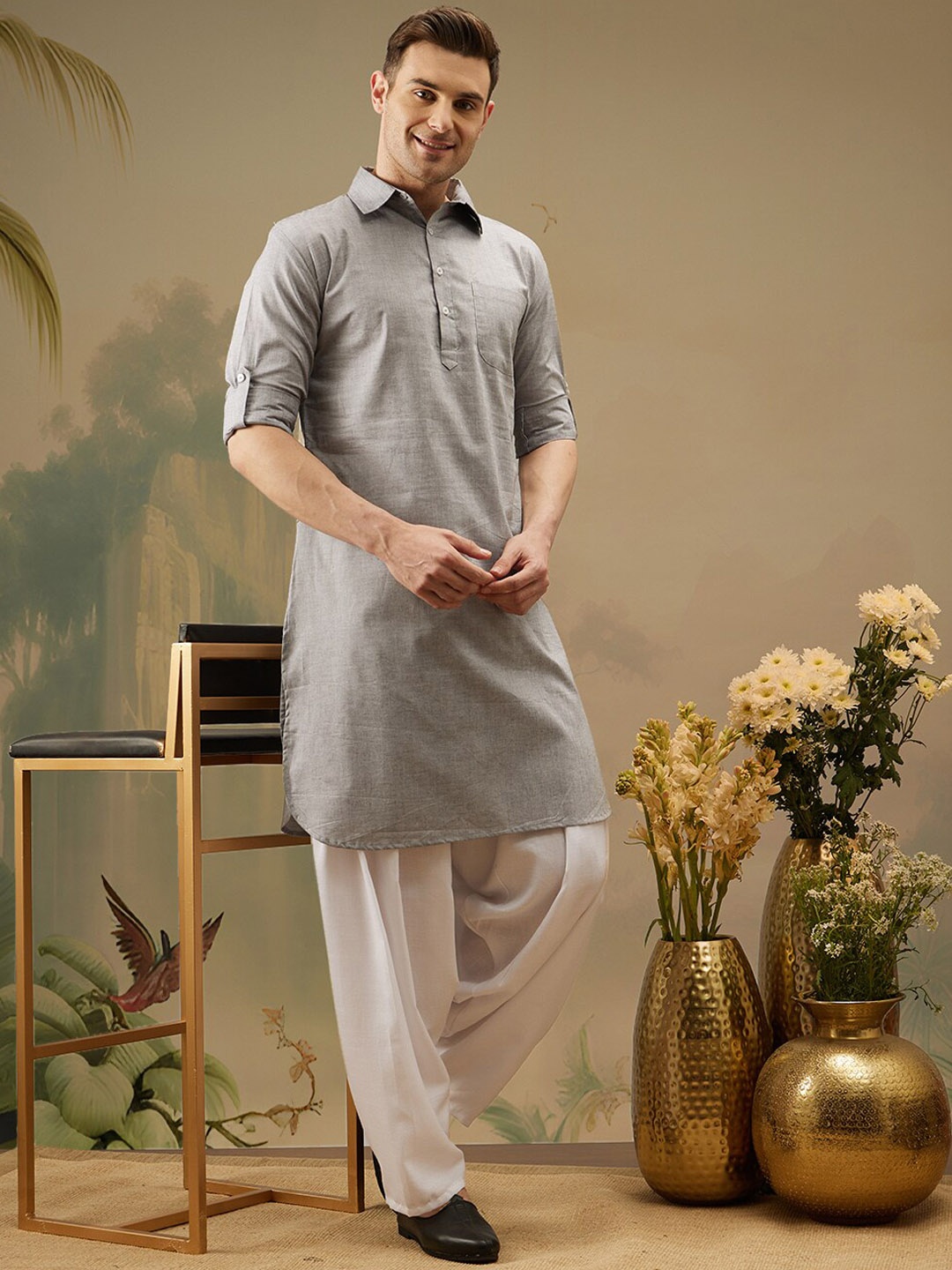 

Molly & Michel Shirt Collar Long Sleeves Straight Kurta with Salwar, Grey