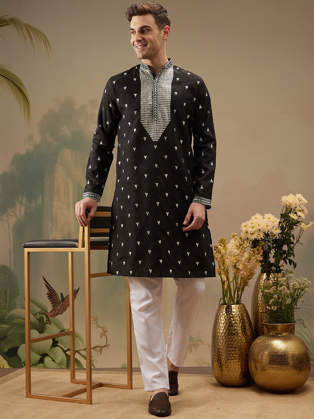 

Molly & Michel Mandarin Collar Long Sleeves Sequined Embroidered Kurta with Pyjama, Black