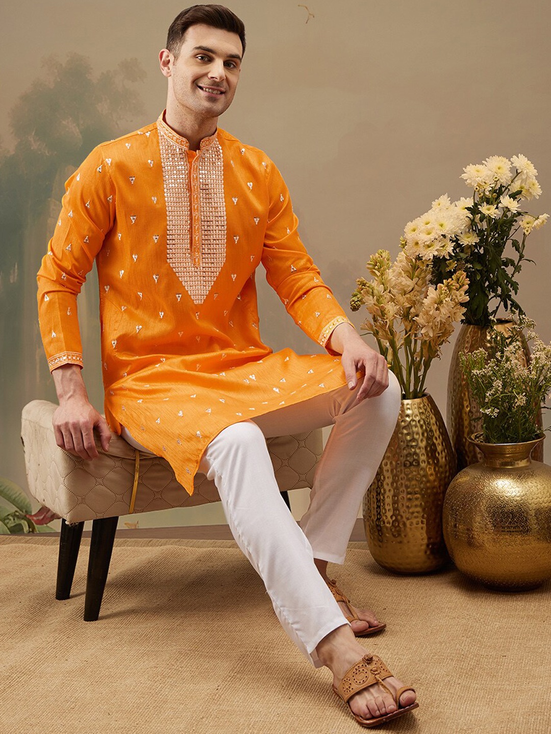 

Molly & Michel Ethnic Motifs Embroidered Mandarin Collar Straight Kurta & Pyjama, Orange