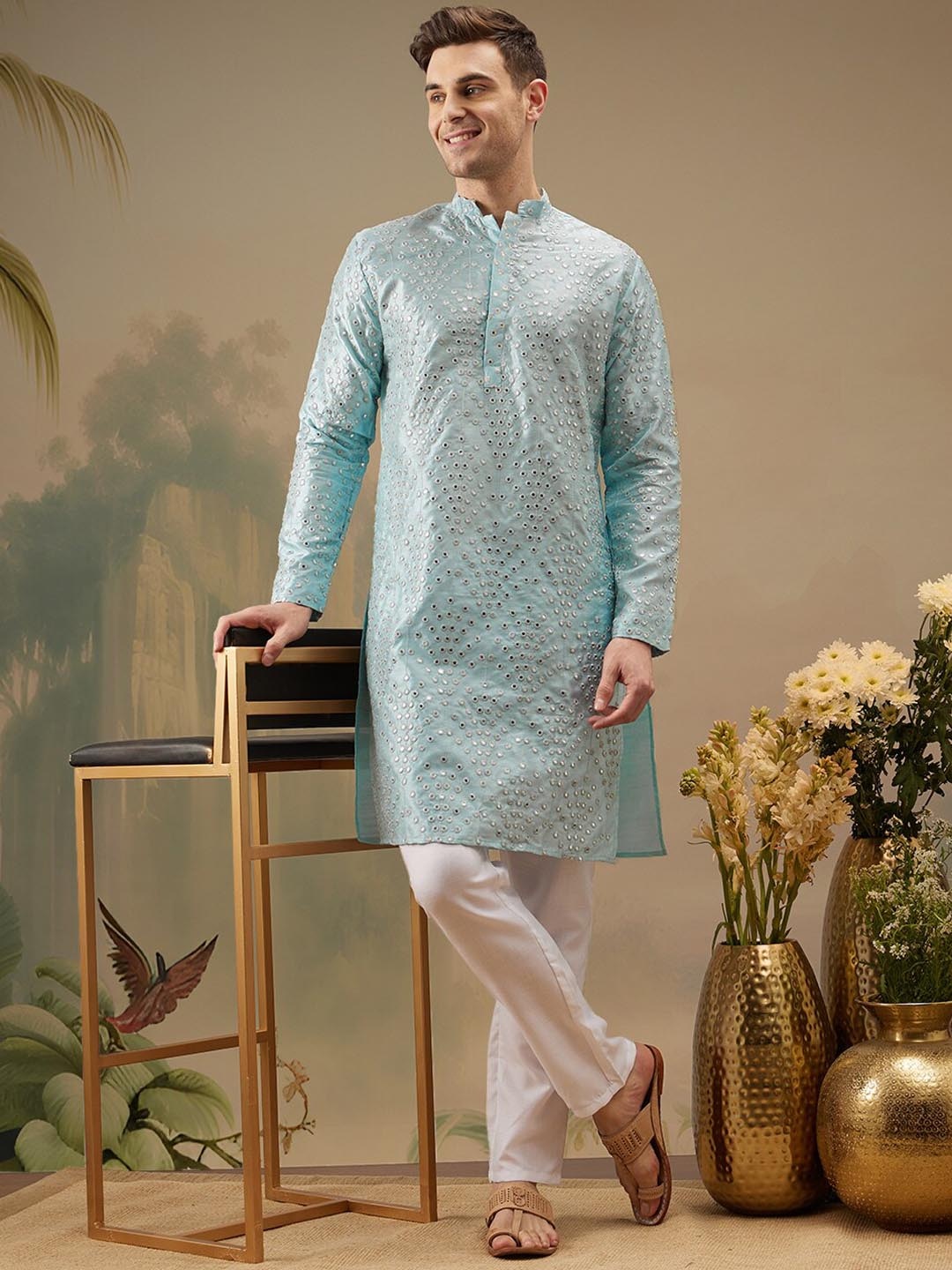 

Molly & Michel Geometric Embroidered Mandarin Collar Mirror Work Straight Kurta & Salwar, Blue