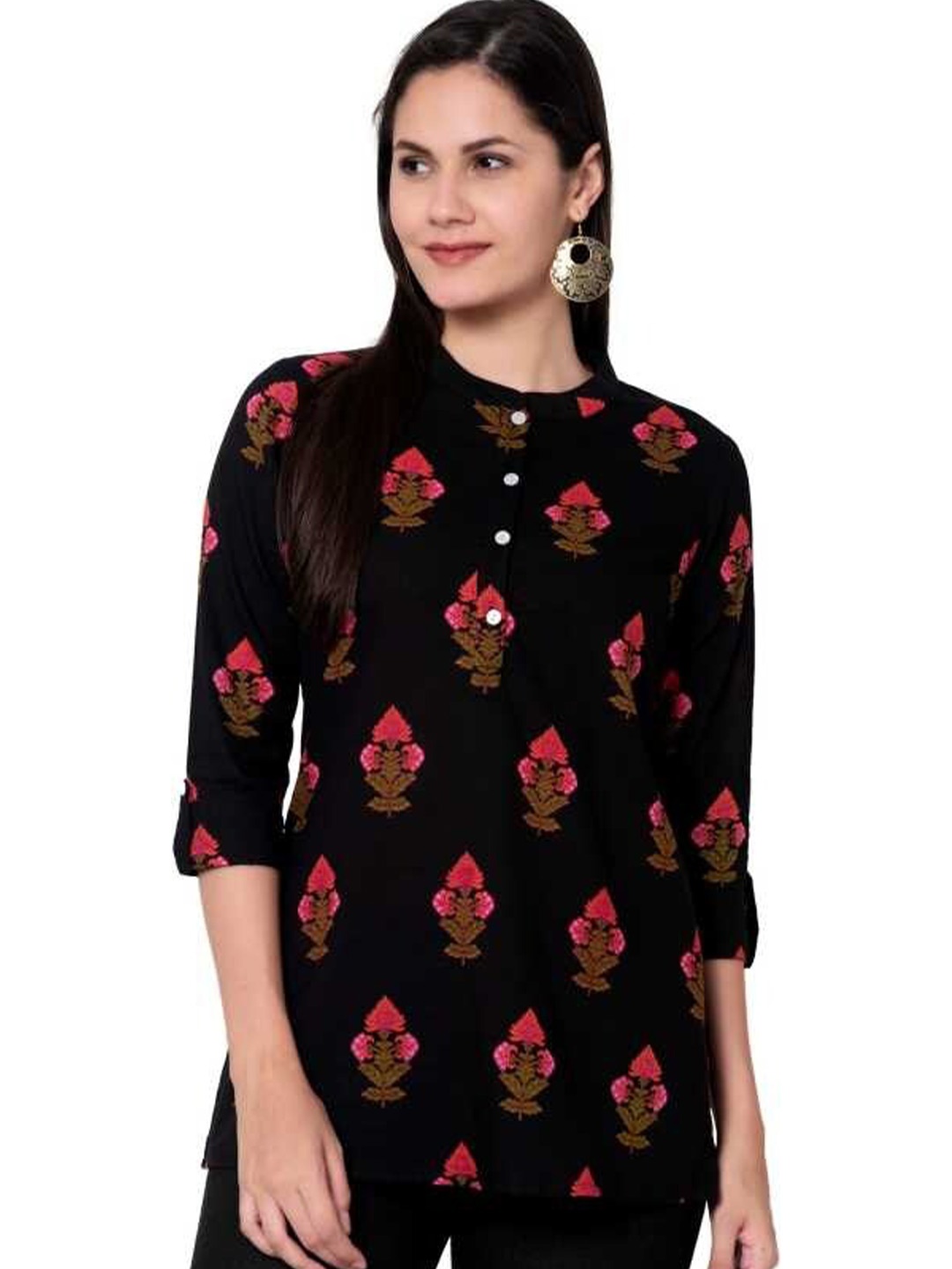 

BAESD Floral Print Round Neck Roll-Up Sleeves Cotton Top, Black