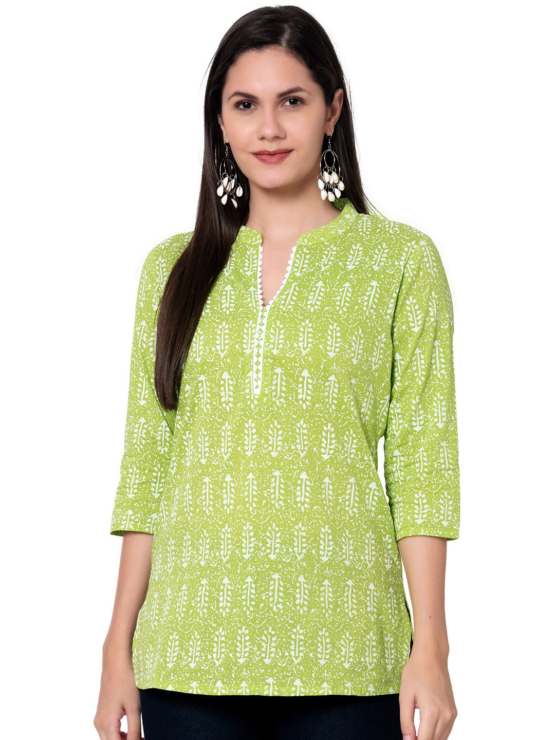 

BAESD Floral Print Mandarin Collar Cotton Top, Green